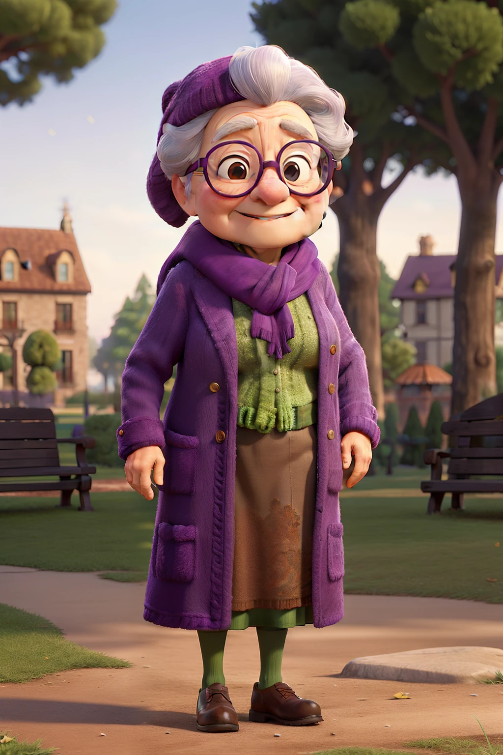masterpiece, best quality, an old woman with glasses and a scarf on, wearing a purple coat and green scarf, standing at the park