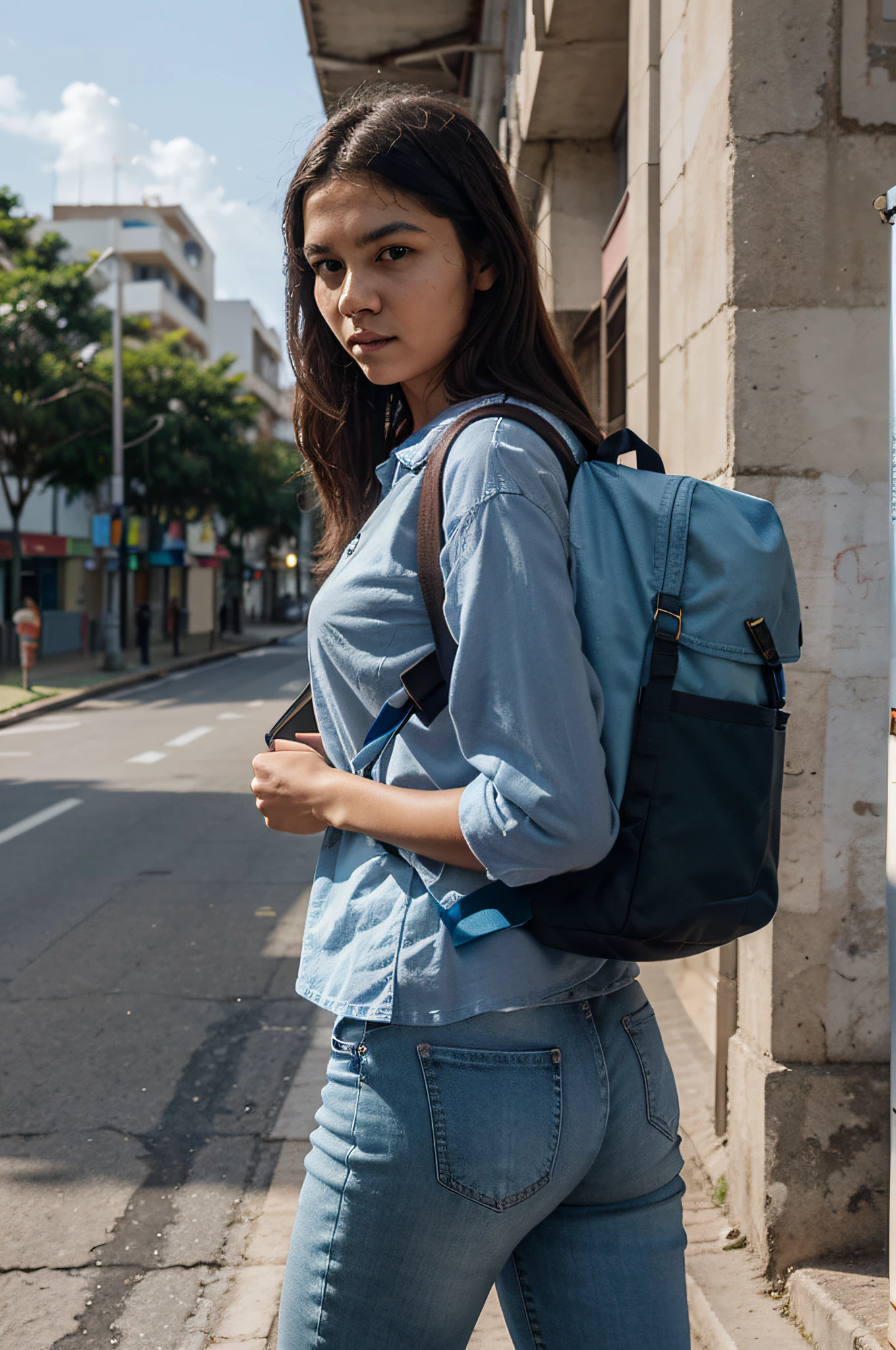 "Generate an image that portrays a university student from a low-income background navigating the streets of Fortaleza, Brazil. This student, dressed in a blue shirt and jeans, should be seen carrying a backpack on their back and holding a book in one hand. The image should capture the essence of determination and resilience as the student contemplates their future, signifying their aspirations for a better life despite financial constraints."