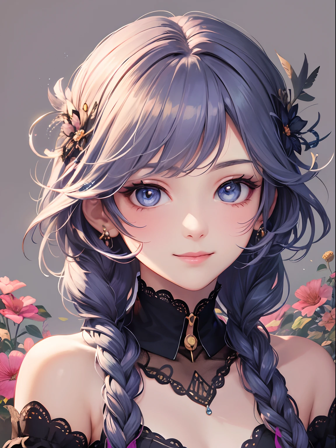 a beauty girl, Flat background, Creative and colorful backgrounds, Feathers and flowers background, hight resolution, lightsmile, Colored inner hair, french braids