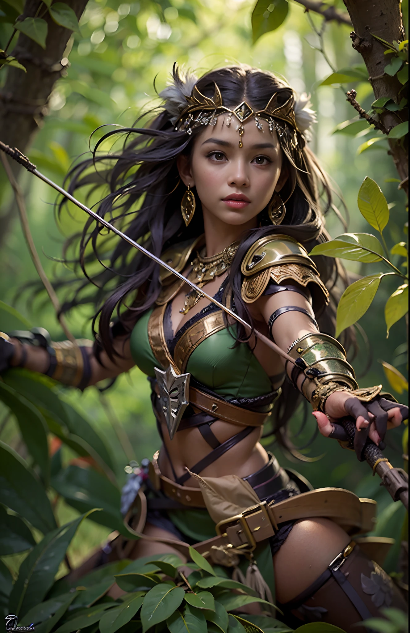 best quality, ultra shredded, cinematic scene, strong feminine energy, brave souls, skilled archers, dirt floor, dense forest, filtered sunlight, combat suits, long braided black hair, tanned skin, army --auto --s2