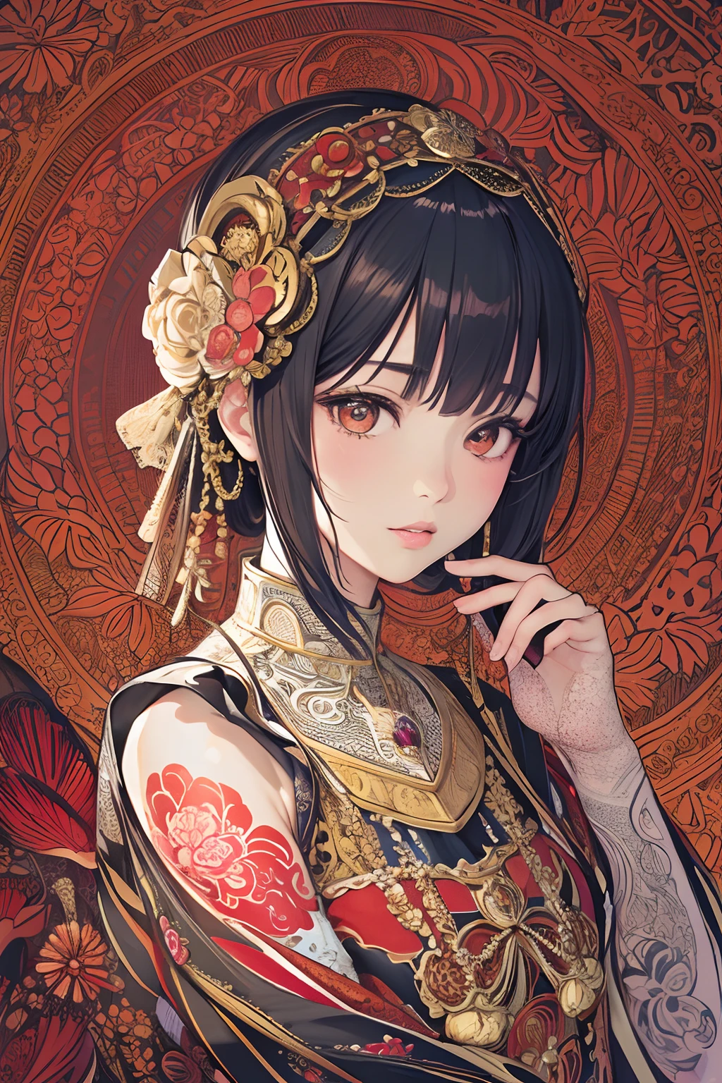 (masterpiece, top quality, best quality, official art, beautiful and aesthetic: 1.2), (1girl: 1.3), very detailed, (fractal art: 1.1), (color: 1.1) (flowers: 1.3), (by Yuko Higuchi:1.4), Higuchi Yuko,(by Yoh:1.2),(lineart),line drawing,pen drawing,zentangle,(tattoo pattern:1.2),(Intricate lines),(masterpiece),(best quality:1.1), (ultra-detailed),best illustration,finely detail,hand drawn high quality,High contrast,(clean lines:1.3),ligne claire,(Portrait),(extremely close-up:1.1),1 girl,solo,A girl is surrounded by red mushrooms,(Intricate details:1.3),(detailed background:1.2),(colored background:1.1),sketch,Intricate details,High Resolution