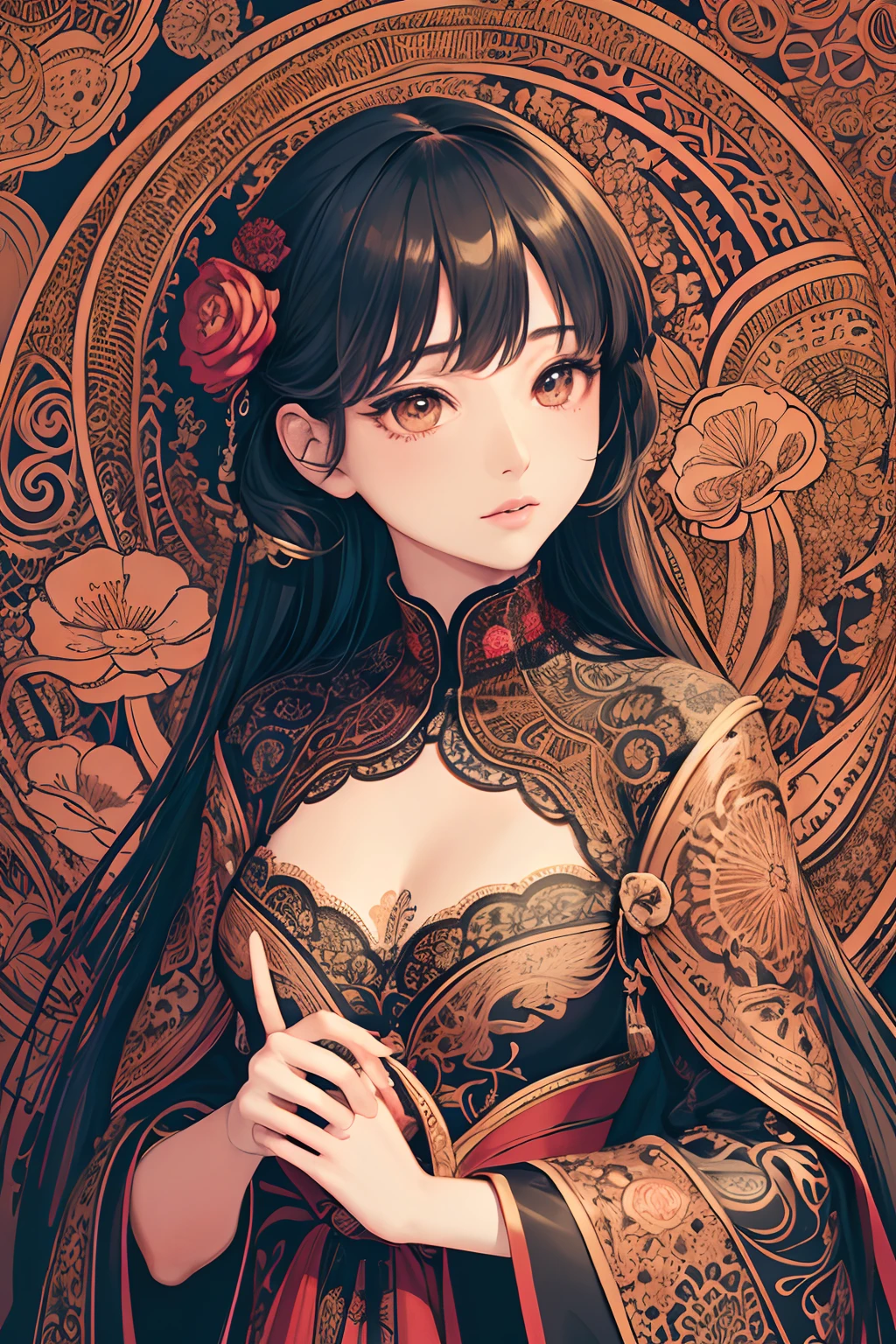 (masterpiece, top quality, best quality, official art, beautiful and aesthetic: 1.2), (1girl: 1.3), very detailed, (fractal art: 1.1), (color: 1.1) (flowers: 1.3), (by Yuko Higuchi:1.4), Higuchi Yuko,(by Yoh:1.2),(lineart),line drawing,pen drawing,zentangle,(tattoo pattern:1.2),(Intricate lines),(masterpiece),(best quality:1.1), (ultra-detailed),best illustration,finely detail,hand drawn high quality,High contrast,(clean lines:1.3),ligne claire,(Portrait),(extremely close-up:1.1),1 girl,solo,A girl is surrounded by red mushrooms,(Intricate details:1.3),(detailed background:1.2),(colored background:1.1),sketch,Intricate details,High Resolution