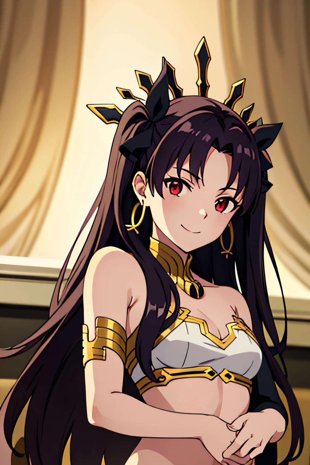 aaishtar, long hair, two side up, hair ribbon, tiara, parted bangs, hoop earrings, jewelry, bare shoulders, neck ring, bikini, single sleeve, detached sleeves, single thighhigh, black thighhighs, 1girl, solo, facing viewer, looking at viewer, upper body, smile.