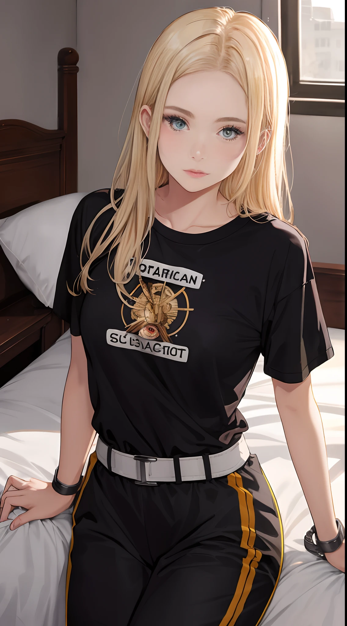 16 year old pre-teen, European, blonde, small breasts, close-up on breasts, big eyes, short-sleeved t-shirt, track pants, lying on bed, wrists tied with handcuffs to headboard, ray tracing, HDR