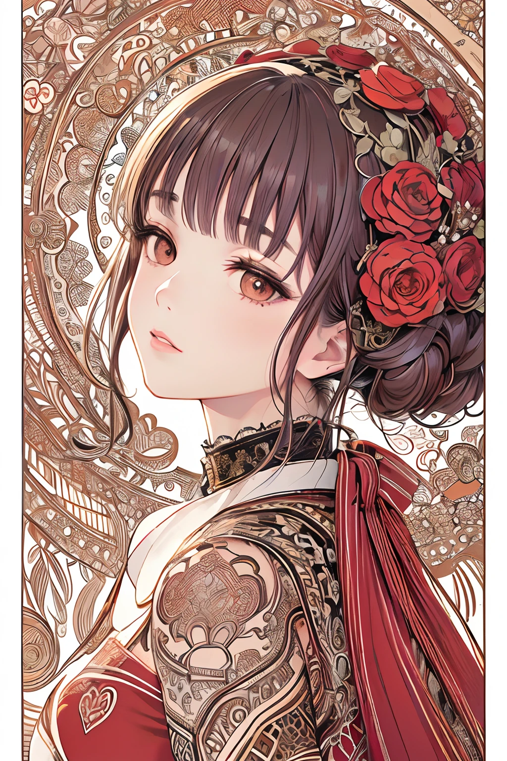 (masterpiece, top quality, best quality, official art, beautiful and aesthetic: 1.2), (1girl: 1.3), very detailed, (fractal art: 1.1), (color: 1.1) (flowers: 1.3), (by Yuko Higuchi:1.4), Higuchi Yuko,(by Yoh:1.2),(lineart),line drawing,pen drawing,zentangle,(tattoo pattern:1.2),(Intricate lines),(masterpiece),(best quality:1.1), (ultra-detailed),best illustration,finely detail,hand drawn high quality,High contrast,(clean lines:1.3),ligne claire,(Portrait),(extremely close-up:1.1),1 girl,solo,A girl is surrounded by red mushrooms,(Intricate details:1.3),(detailed background:1.2),(colored background:1.1),sketch,Intricate details,High Resolution