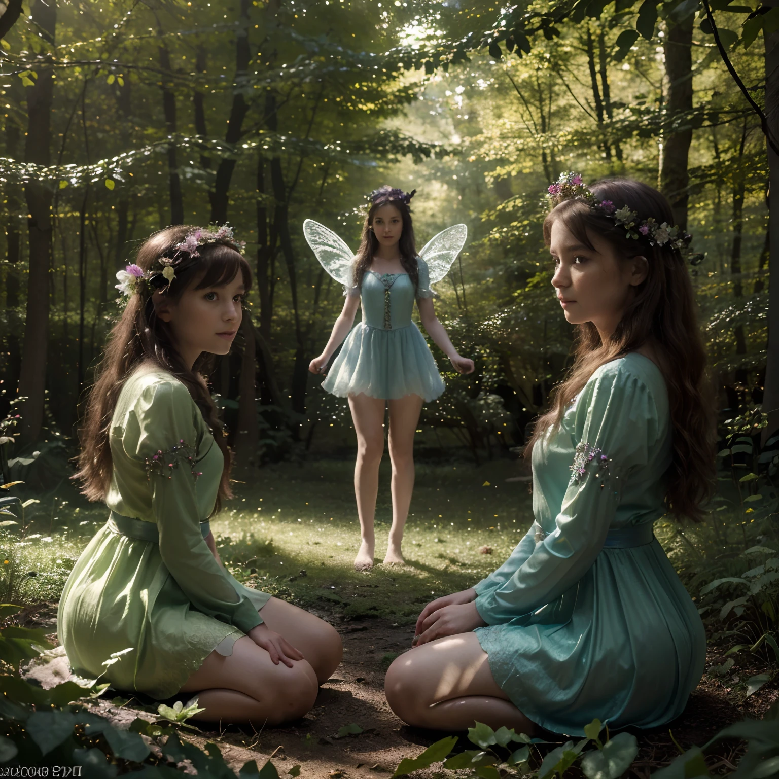 (best quality,4k,8k,highres,masterpiece:1.2),ultra-detailed,(realistic,photorealistic,photo-realistic:1.37),three fairies in a forest, warlock, enchanting dark forest, glowing flowers, graceful flying fairies, sister fairies, children's fairies, magical atmosphere, fantasy setting, vibrant colors, forest creatures, shimmering wings