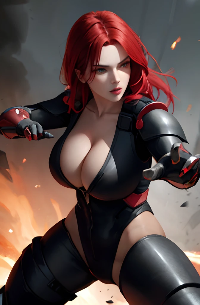 masterpiece, UHD, ((extremely detailed)), ((revealing battle suit:1.3)), large beautiful breast, exposed breasts, battle stance, weapons in hands, ((clear hands)), ((detailed hands)), (holding weapon in hands), ((battle stance pose:1.3)), (war background:1.2), war going on in the background, ((detailed soldier:1.2)), looking at the viewer, front view, historical, dynamic pose, (dynamic battle stance), sole girl, 1girl, ((exposed cleavage)), red hair, red beautiful hair, detailed red hair