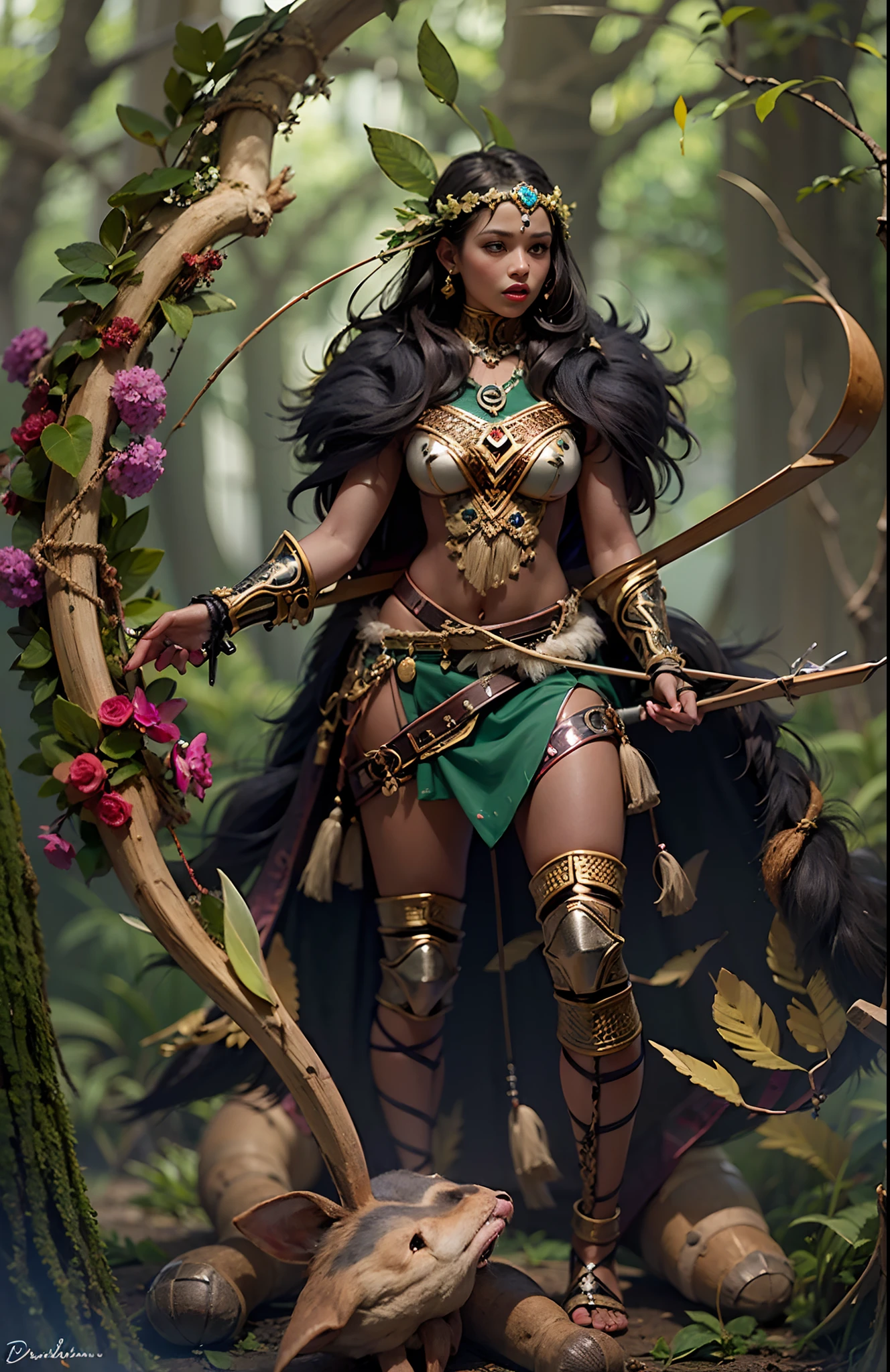 (a high-resolution, realistic) (((Light skinned))) (((black girl))), druid in the style of Dungeons and Dragons, holding a bow, with the bow drawn and taking aim at an orc. The girl is dressed in armor made entirely of leaves.
Additional details: The girl has intricate, tribal face paint with earthy colors. Her eyes are sharp and focused, reflecting determination and strength. Her lips are full and slightly parted, showing her concentration as she takes aim. The girl's long, wavy hair is braided with flowers and feathers, adding to her natural and magical appearance. (((full body))), dark jungle with manys beadts lurking
The armor she wears is made of large, overlapping leaves that resemble scales, providing both protection and camouflage in the natural surroundings. The leaves have a vibrant green color, emphasizing the druid's connection to nature. Vines and flowers intertwine with the armor, further enhancing the mystical and earthy look.
The bow in her hands is made of intricately carved wood, decorated with nature-inspired patterns and symbols. As she pulls back the bowstring, the druid exhibits a graceful and