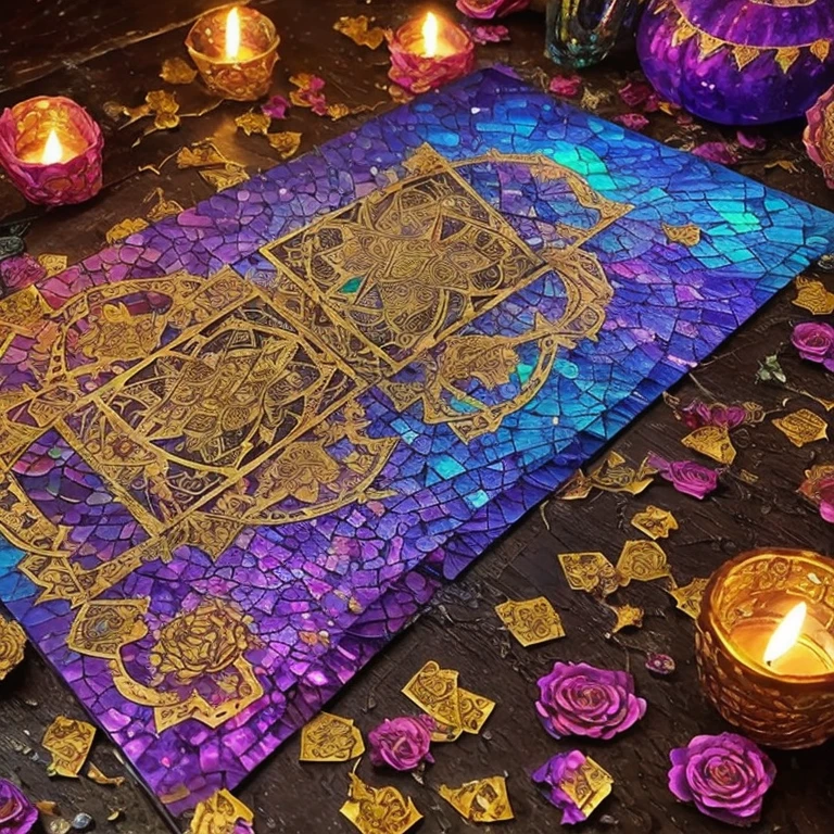 pattern, (a gothic aesthetic oil painting of tarot cards, crystals, and roses)+(layed out on a table)+(iridescent shimmer)+(fairy lights)+(fantasy gothicore atmosphere)+(sparkles)