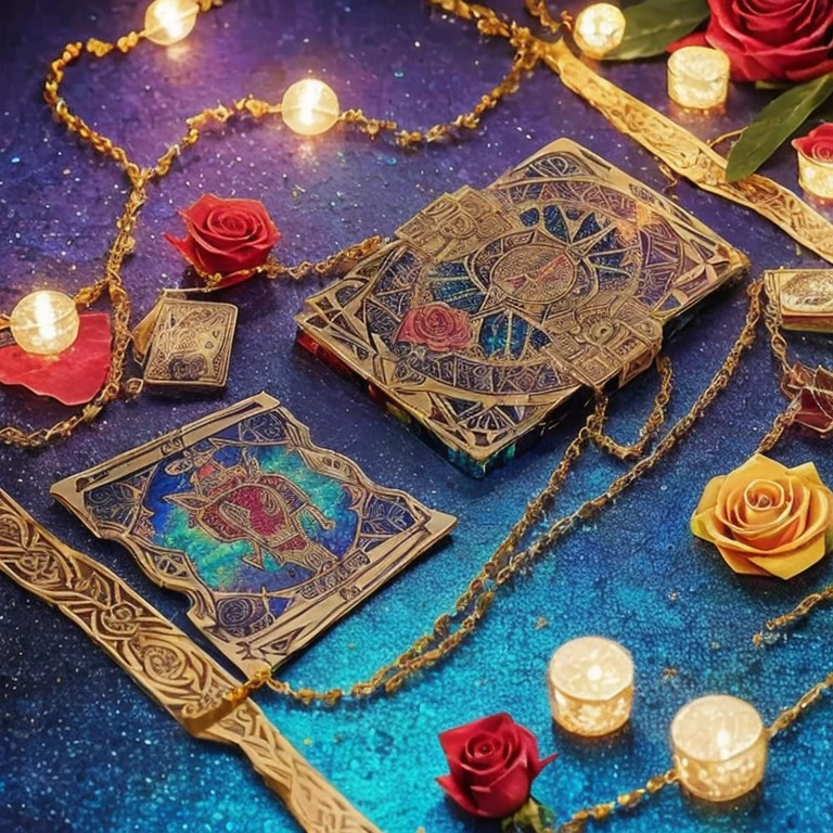 pattern, (a gothic aesthetic oil painting of tarot cards, crystals, and roses)+(layed out on a table)+(iridescent shimmer)+(fairy lights)+(fantasy gothicore atmosphere)+(sparkles)