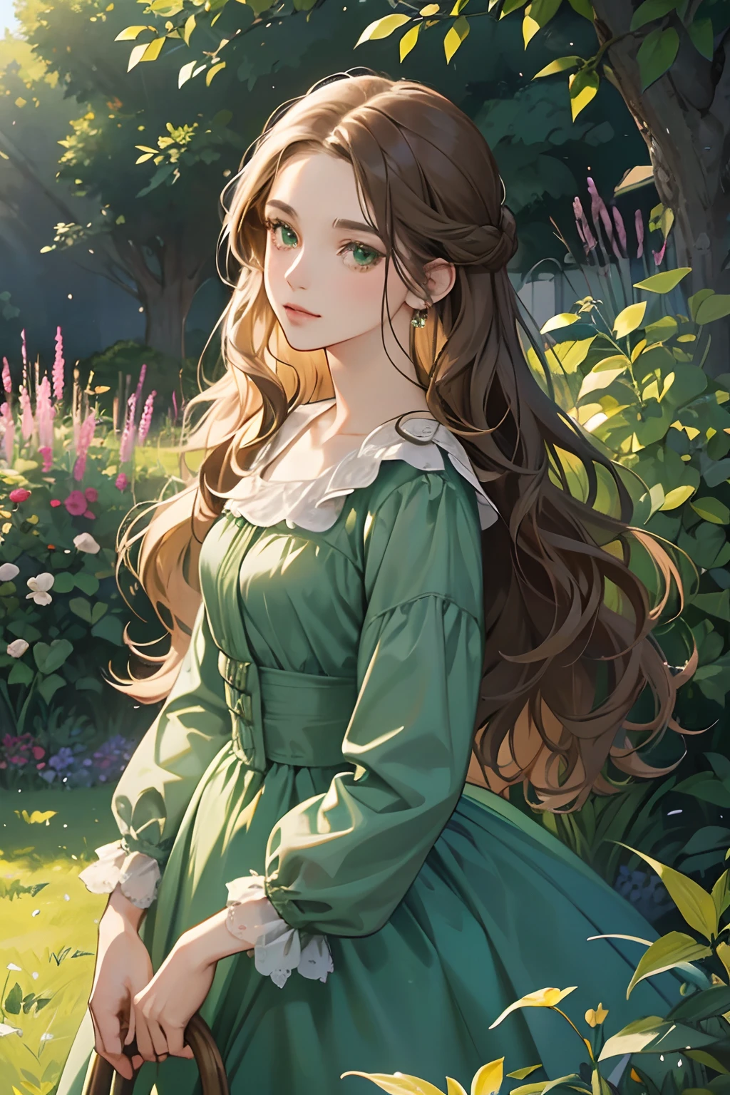 a digital painting of a woman with long brown wavy hair, green eyes, a young noble woman from the 1800's , soft features, navy blue dress, in a garden, portrait style