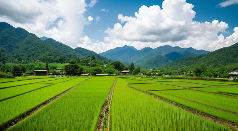 During the rainy season　during daytime　rice fields　Sateen　　country scenery　Overlooking