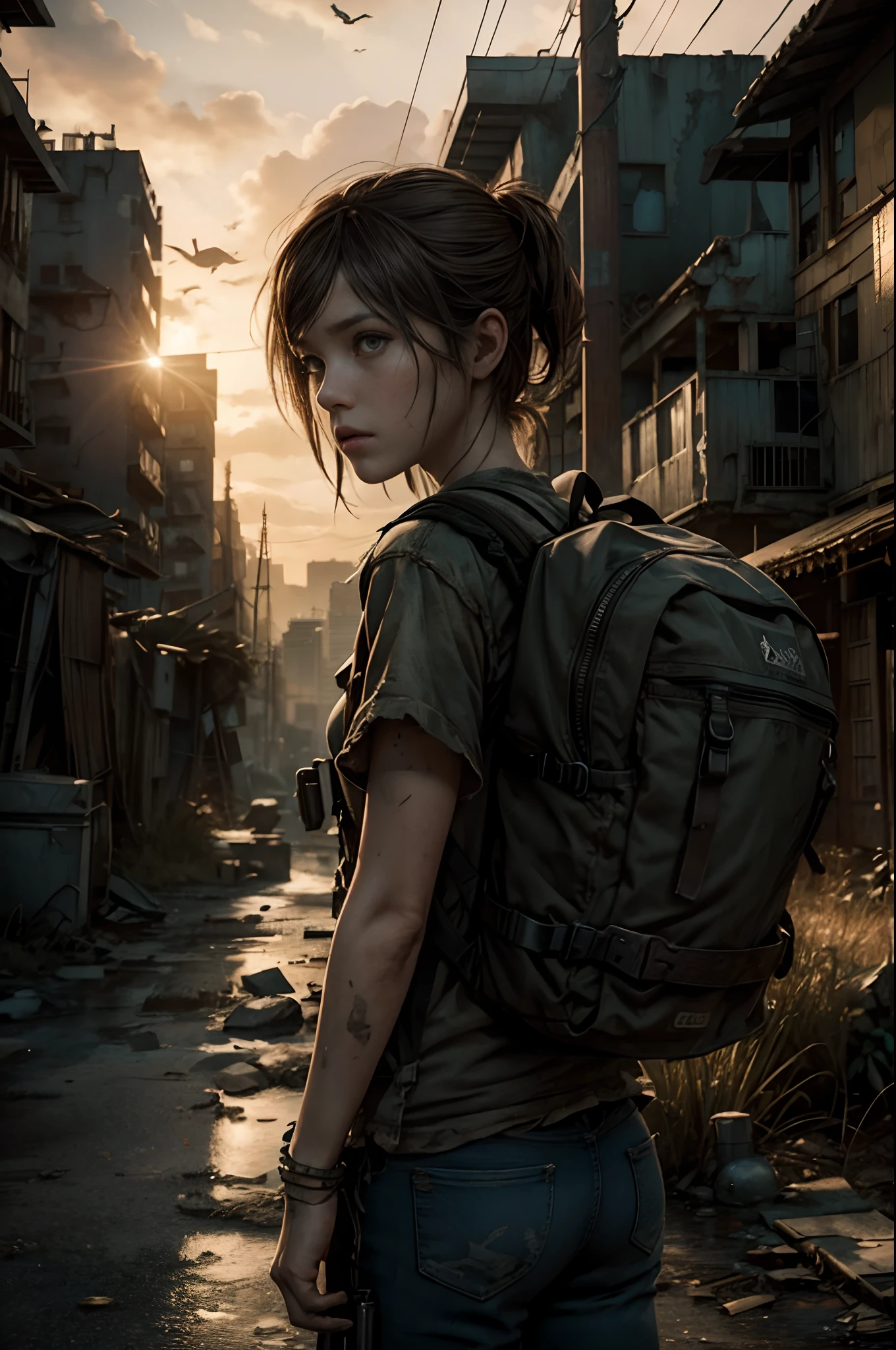 Ellie, last of us, open world game style, abandoned city, isolated area, explorer, scared look, alone, searching way, bright eyes, backpack on back, evening, portrait
HD, UHD,4k, ultra High quality details,