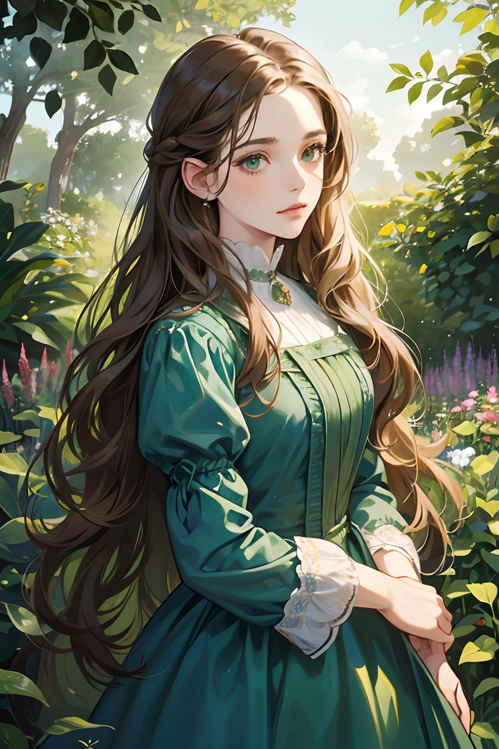 a digital painting of a woman with long brown wavy hair, green eyes, a young noble woman from the 1800's , soft features, navy blue dress, in a garden, portrait style