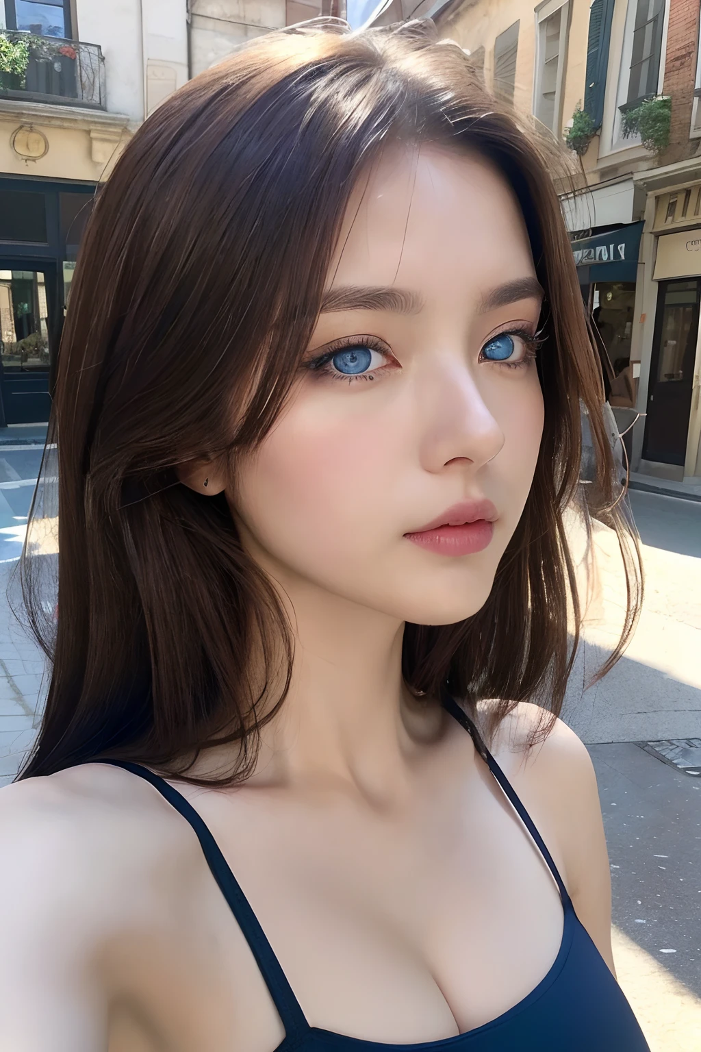 (Italian woman、Beauty in perfect style:1.4、Slender Abs:1.2、((dark brown hair、Blue Eye、爆乳:1.2))、(natural soft light、City Street:1.1)、Face and skin texture、Eye for detail、二重まぶた