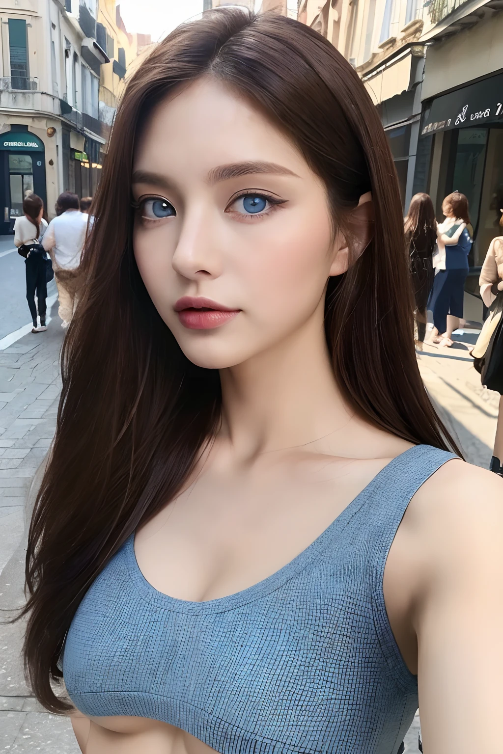 (Italian woman、Beauty in perfect style:1.4、Slender Abs:1.2、((dark brown hair、Blue Eye、爆乳:1.2))、(natural soft light、City Street:1.1)、Face and skin texture、Eye for detail、二重まぶた