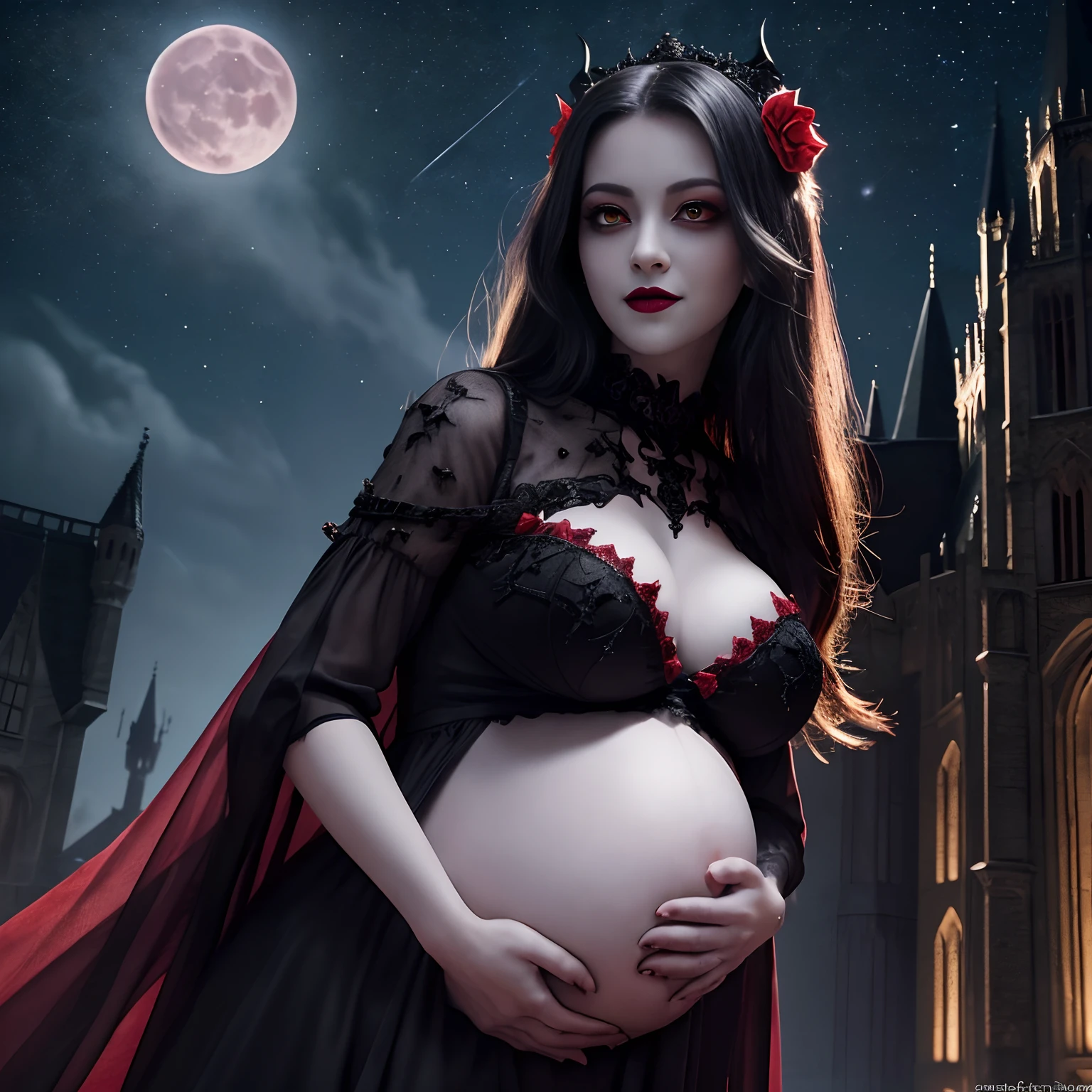 1 Evil Princess,(Pregnancy:1.5),(Glowing red eyes:1.5),(Black lips:1.3),(Black eyeshadow:1.3),(Evil smile:1.1),Black luxury dress,Dresses with intricate décor in the Gothic style,Dense Gothic dresses,Most beautiful face,large full breasts,cleavage of the breast,Big breasts that are about to burst,Dresses with a narrow waist,Perfect camera gaze,Best Quality,masutepiece, 超A high resolution, Photorealistic, Raw photo,8k wallpaper,Luxurious and Gothic medieval European castle,Evil Gothic Castle,(A bat is flying in the night sky:1.2),(You can see the bright red moon:1.3)