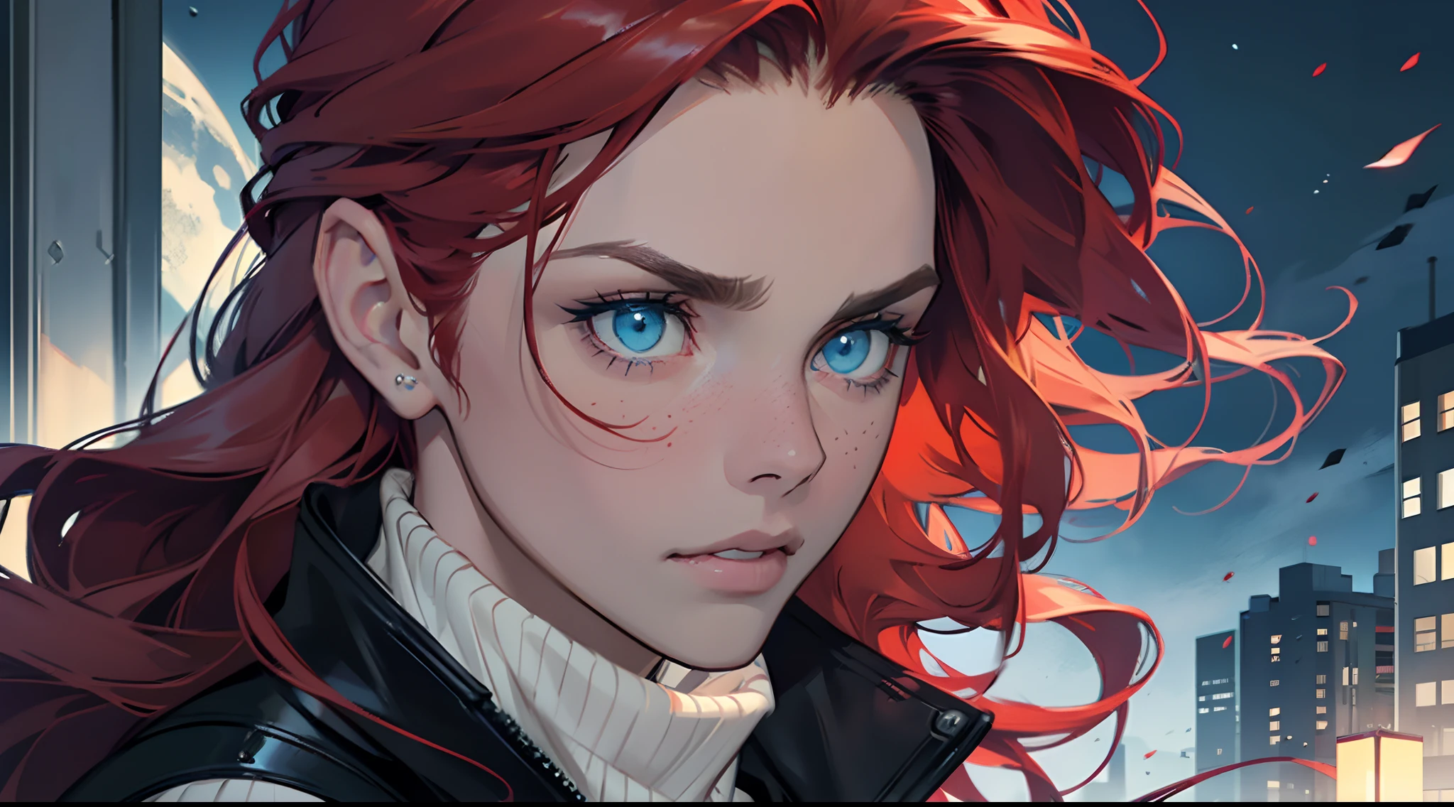 A beautiful mature woman , red hair , long hair , wavy hair , blue eyes eyes , age 40,
Angry expression, full emotion,
Extreme close up , head shot , cinematic, movie quality, solo,
Nigh time , full moon , moody lighting, in a city , depth of field,
Wearing a green turtleneck , black leather jacket
