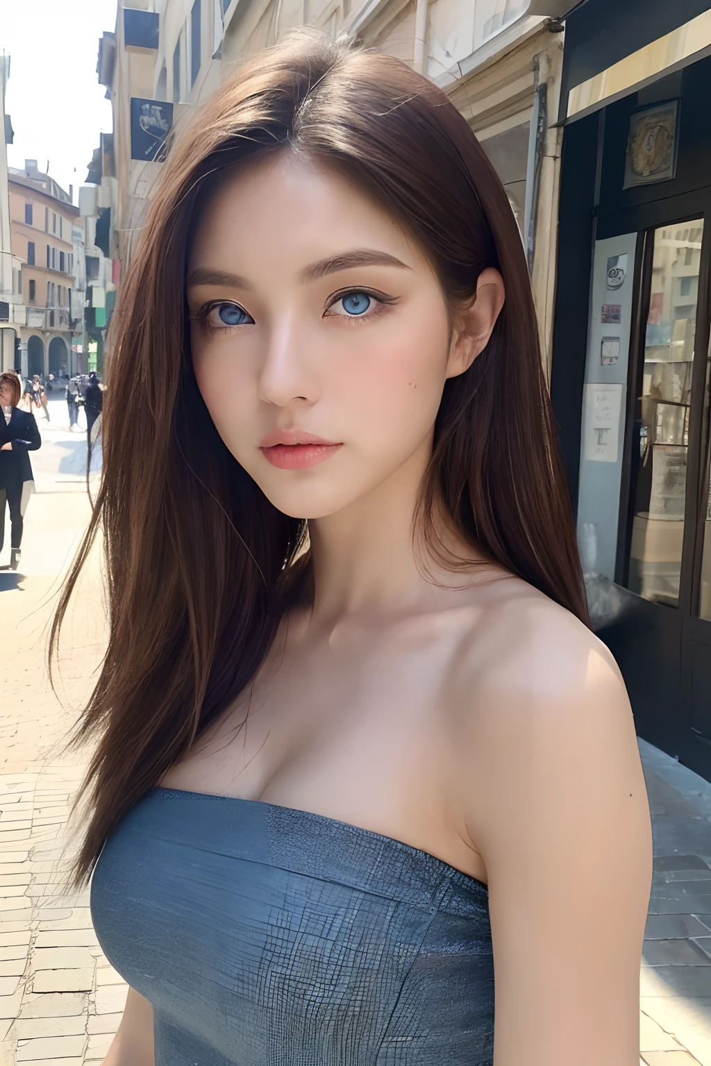 (Italian woman、Beauty in perfect style:1.4、Slender Abs:1.2、((dark brown hair、Blue Eye、爆乳:1.2))、(natural soft light、City Street:1.1)、Face and skin texture、Eye for detail、二重まぶた