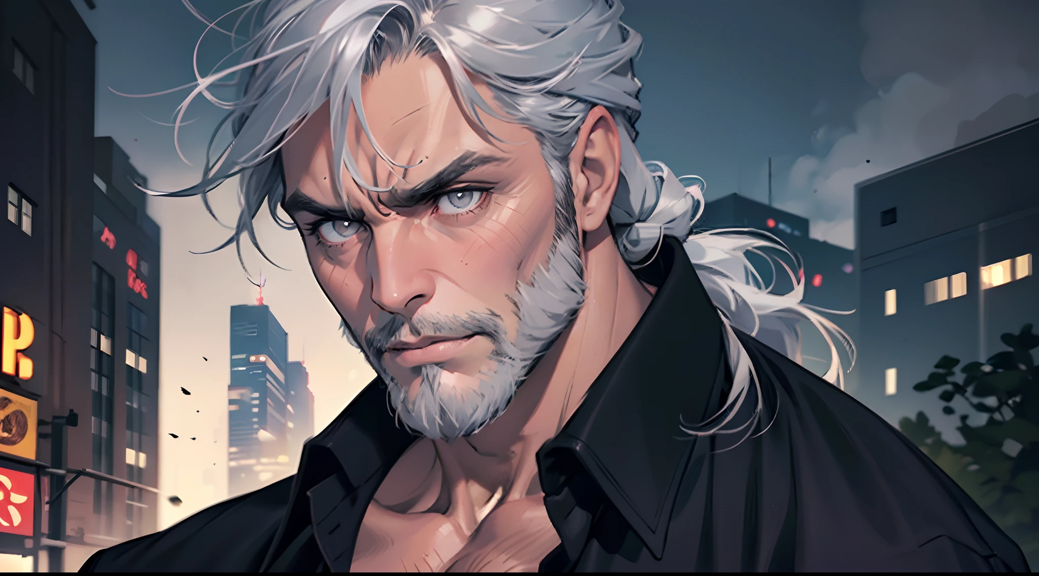 Handsome man , Gray hair , long hair , silver eyes , brown skin , ((very muscular:1.3)), ((gray beard:1.1)), muscular arms , very tall , age 60,
Angry expression, full emotion,
Extreme close up , head shot , cinematic, movie quality,
Nigh time , full moon , moody lighting, in a city , depth of field,
Wearing a black button down shirt ,