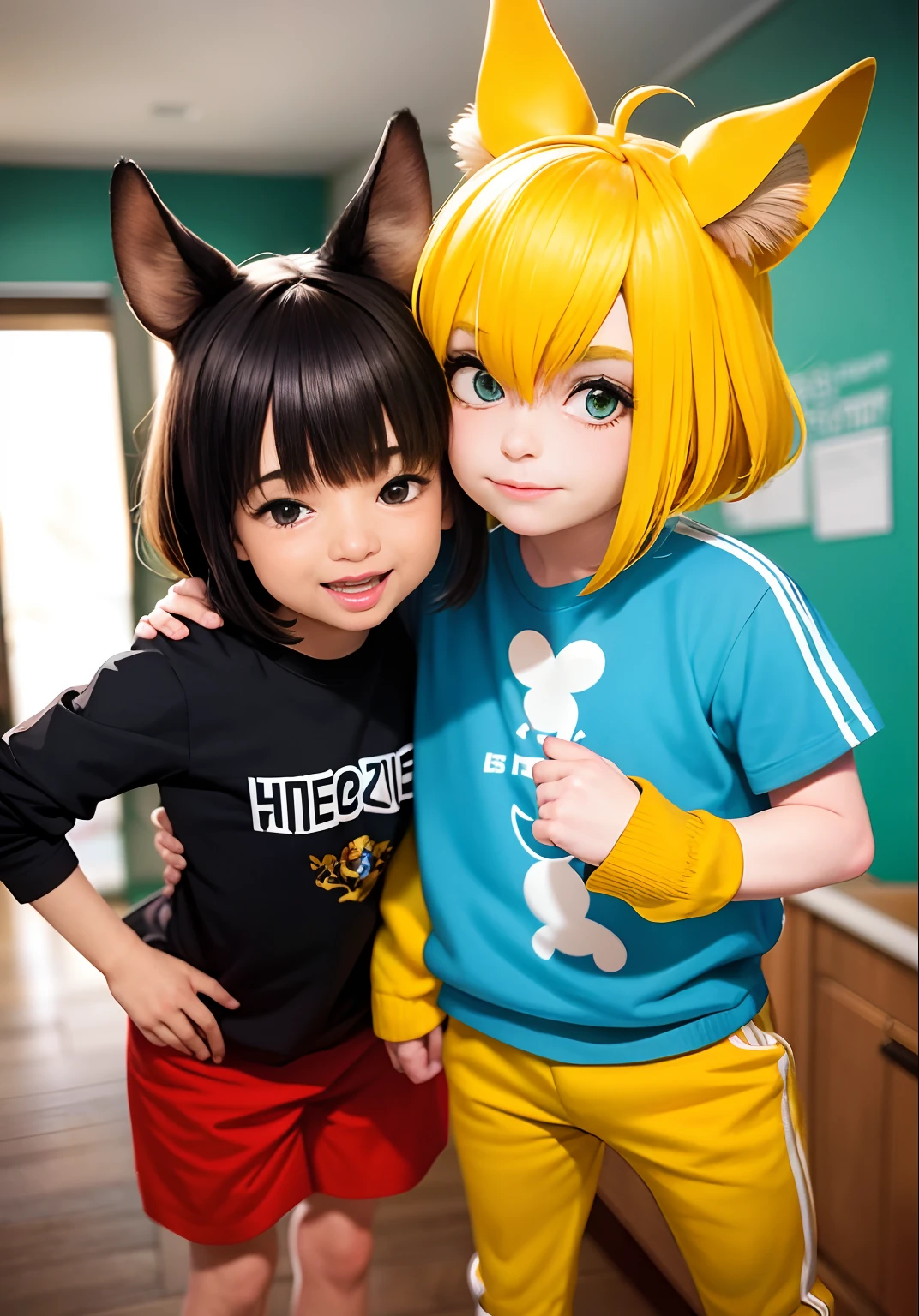 A two ??? girl with small body embrace each other, blonde europe ???, in cute dinosaurus costume