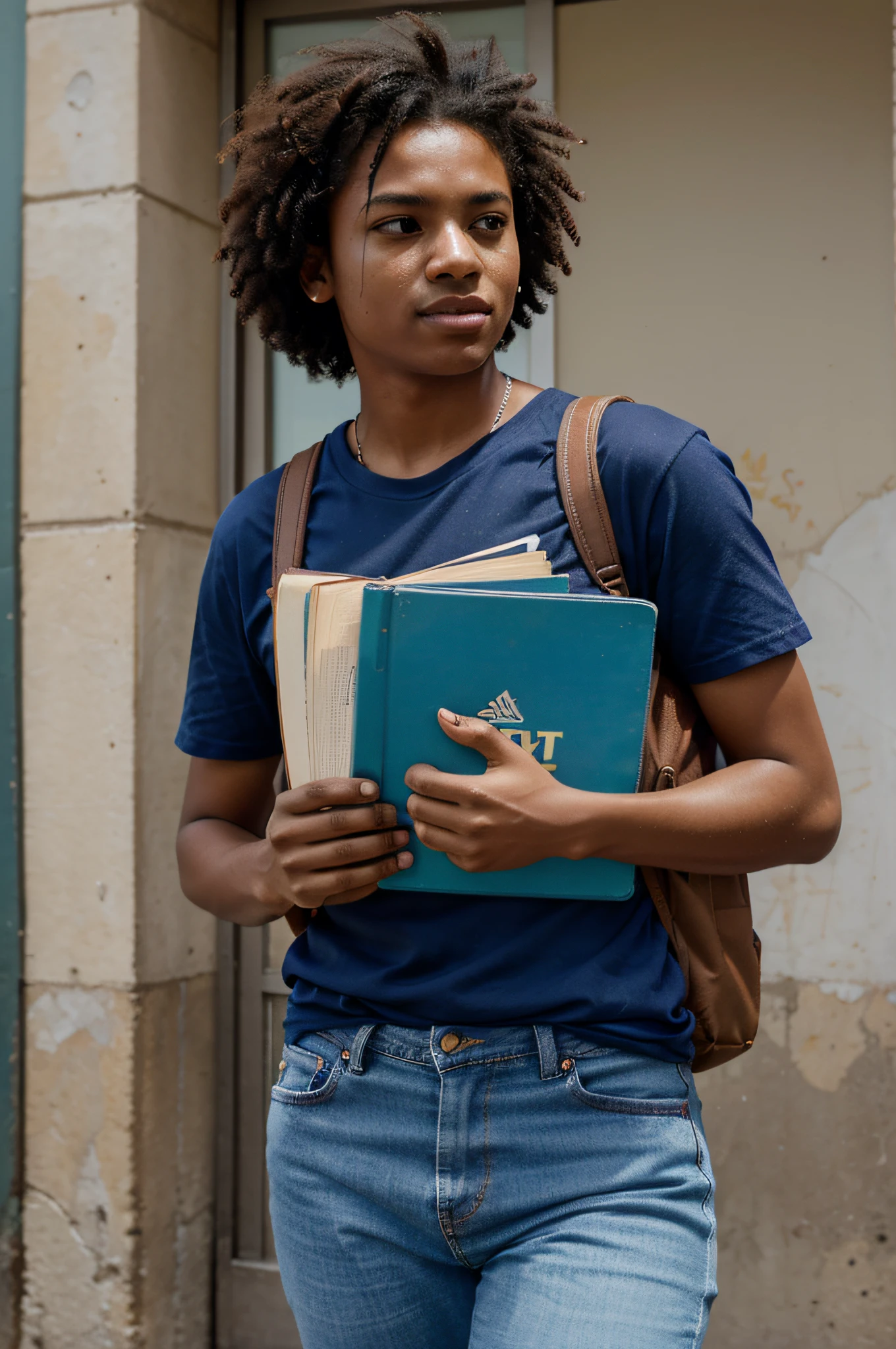 Generate an image that portrays a university student from a low-income background navigating the streets of Fortaleza, Brazil. This student, with a rich complexion reflecting their Afro-Brazilian heritage, is dressed in a blue shirt and jeans, carrying a backpack on their back and holding a book in one hand. The image should capture the essence of determination and resilience etched on their face as they contemplate their future, signifying their aspirations for a better life despite financial constraints.