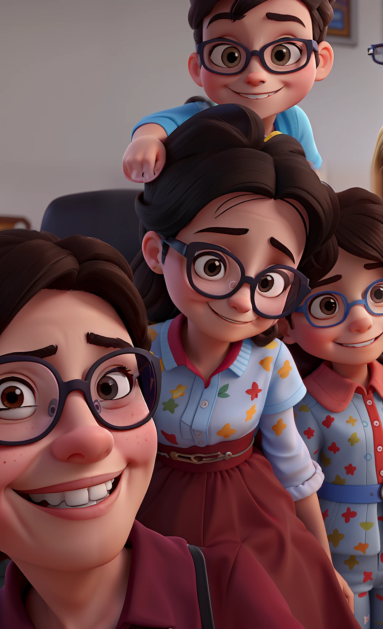 Mother of glasses and dental braces, with three children, Middle Child in Glasses, no estilo disney pixar, alta qualidade, melhor qualidade.