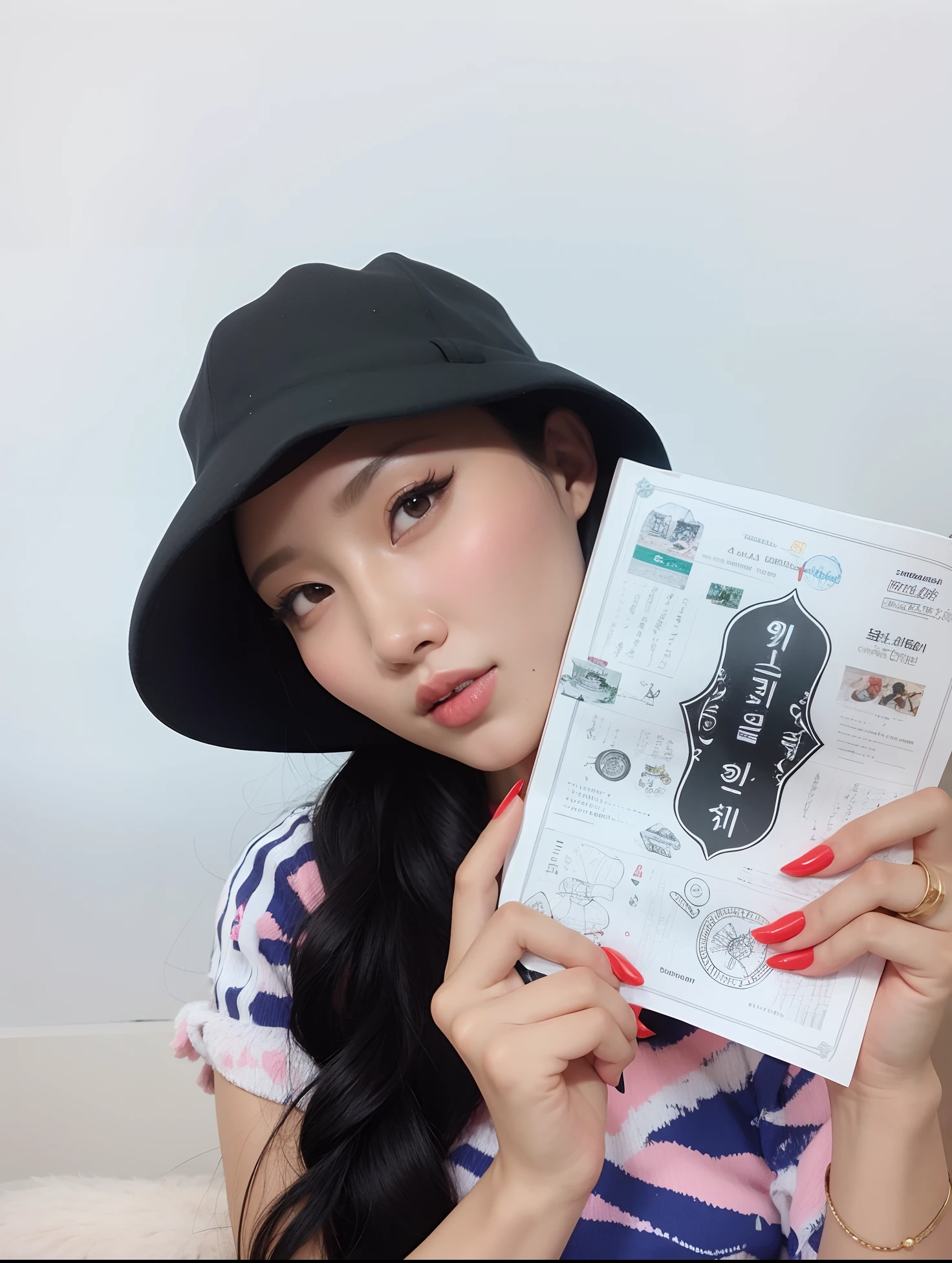 mulher arafed segurando um livro na frente de seu rosto, Hwasa do Mamamoo, korean face features, inspirado por Hwasa do Mamamoo, Hwasa, com maquiagem profissional, foto da revista, with hat, 🪔 🎨;🌞🌄, na capa de uma revista