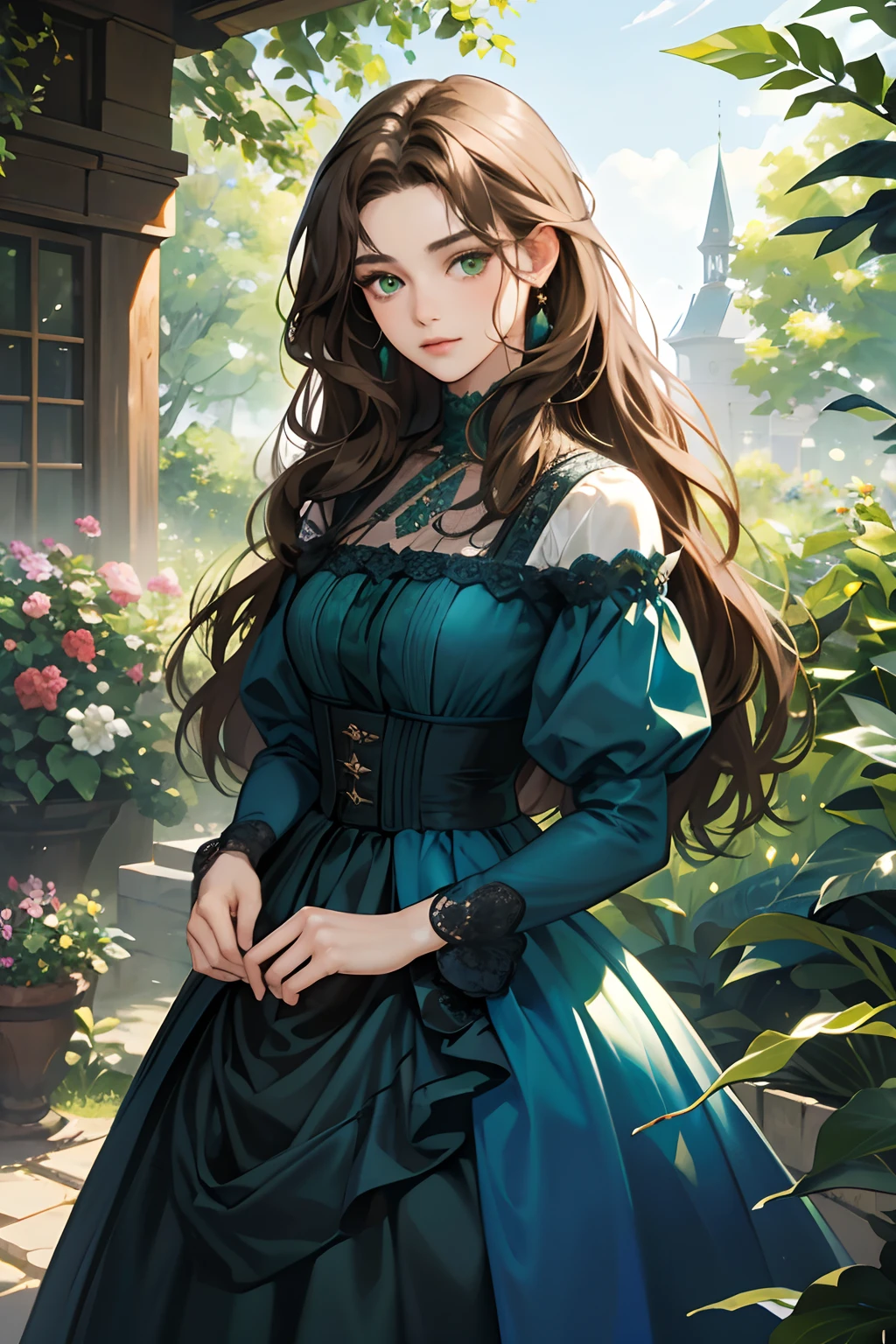 A woman in a green dress standing in front of a house - SeaArt AI