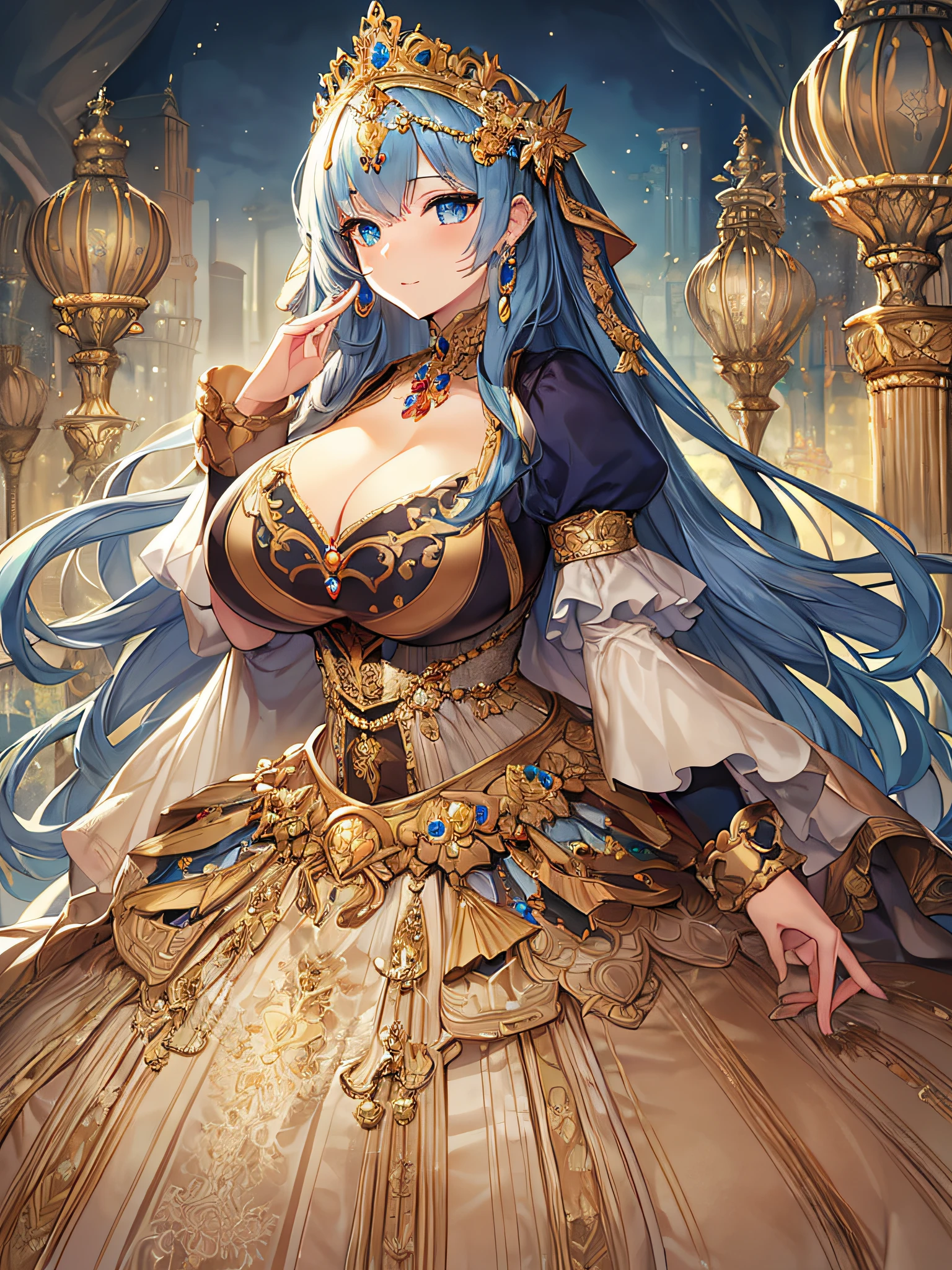 anime artstyle,Masterpiece,Best Quality,Super Detail,Very Delicate and Beautiful,Solo,full body,full body portrait,((1 princess)),crinoline,super detailed gorgeous princess ballgown with voluminous full length hoop skirt,gorgeous princess rococo ballgown with big bows,gorgeous princess rococo ballgown with big bows,gorgeous princess rococo ballgown with beautiful embroidery and jeweled,detailed face and eyes,jewel-like eyes,((large amount of straight hair,extremely voluminous Very Long Hair,Very Long Straight Hair)),((((very gigantic boobs)),cleavage,Skindentation,extremely gorgeousfull hair ornament,bling-bling extremely gorgeousfull jeweled tiara,luxurious jewelry,full body