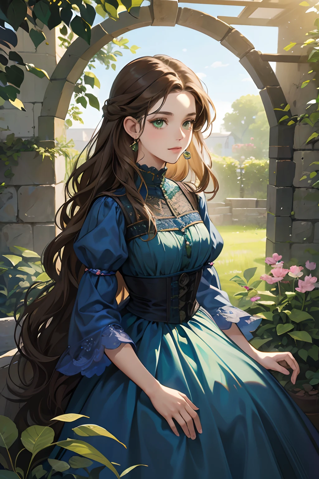 a digital painting of a woman with long brown wavy hair, green eyes, a young noble woman from the 1800's , soft features, dark blue dress, in a garden, portrait style Dark blue dress