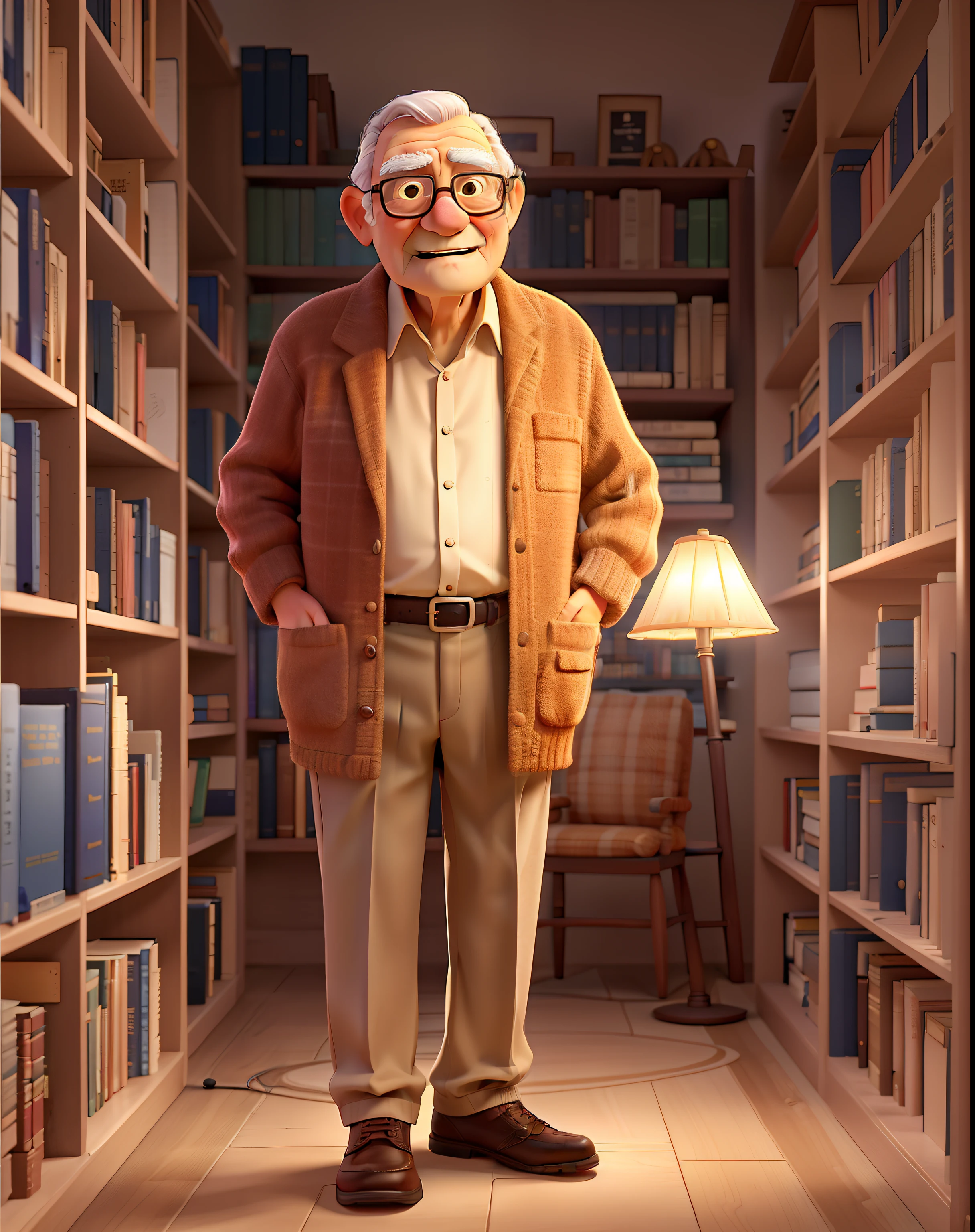 A wise old man standing in front, illuminated by the light of a lamp, against the backdrop of a library