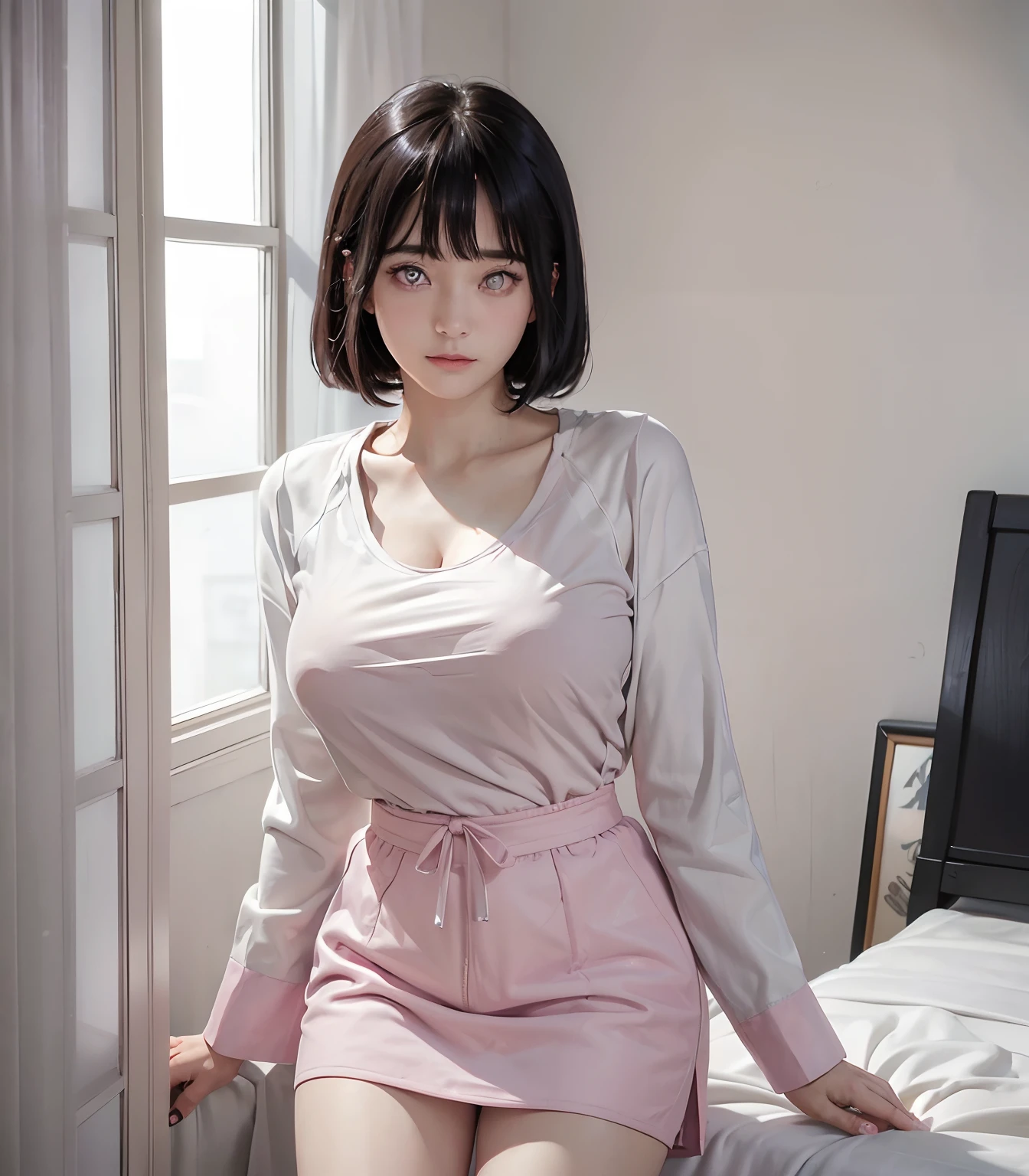 s girl(masterpiece:1.4)、(in 8K、realisitic、Raw photo、top-quality:1.4)、japanes、(Real Face:1.4)、(real looking skin:1.3)、超A high resolution、A hyper-realistic、White short hair、Bangs Center Part、beautiful finely detailed eyes、Pink eyes、high detailing、(flufy big breast breast:1.5)、Tight-fitting shirt、Pink T-shirt、a no skirt、Embarrassed look、Popular Chines Makeup、badroom