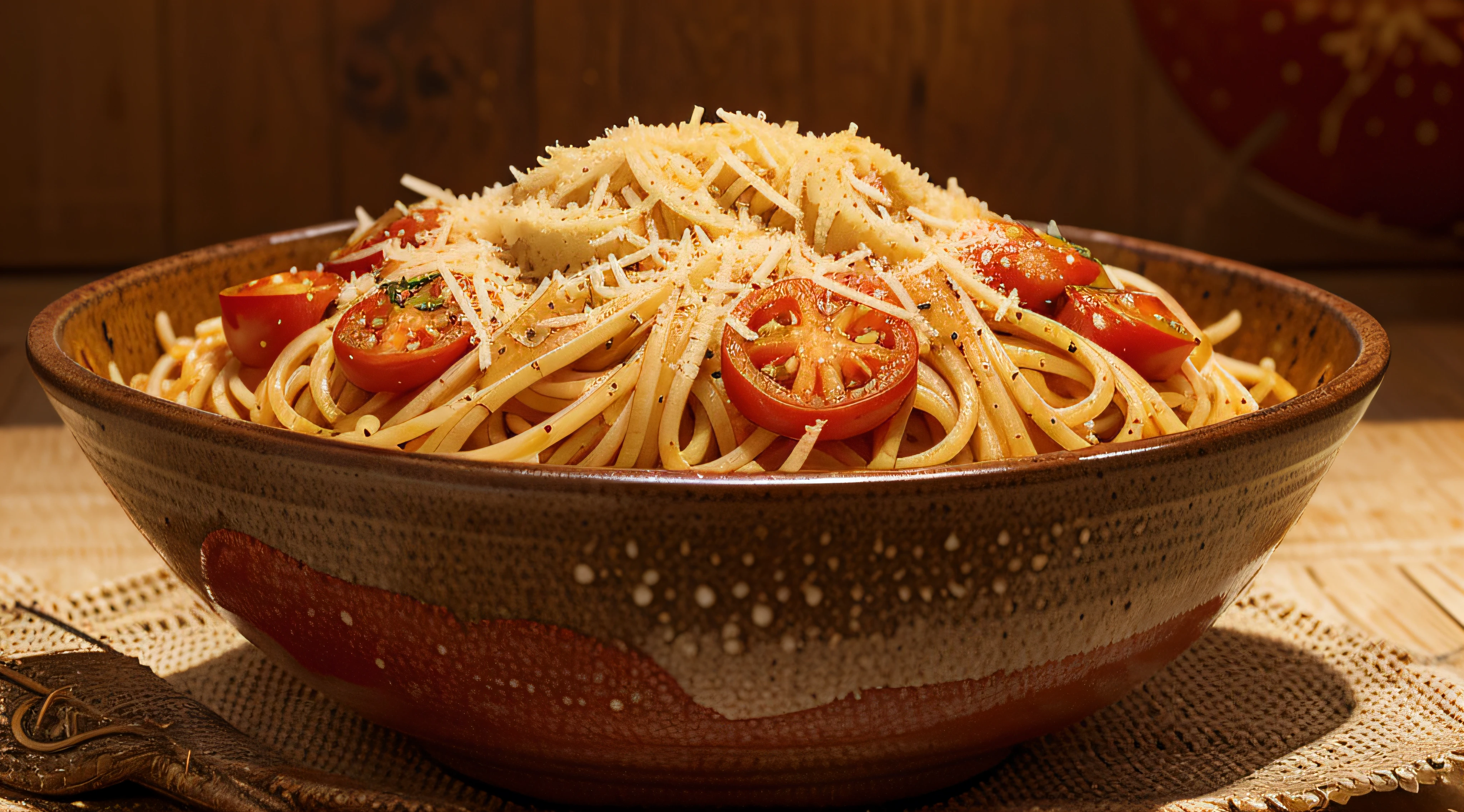 "Create an appetizing painting, which features a steaming bowl of perfectly seasoned spaghetti in tomato sauce and Parmesan cheese. Betone die Textur der Pasta und die leuchtenden Farben der Tomaten."