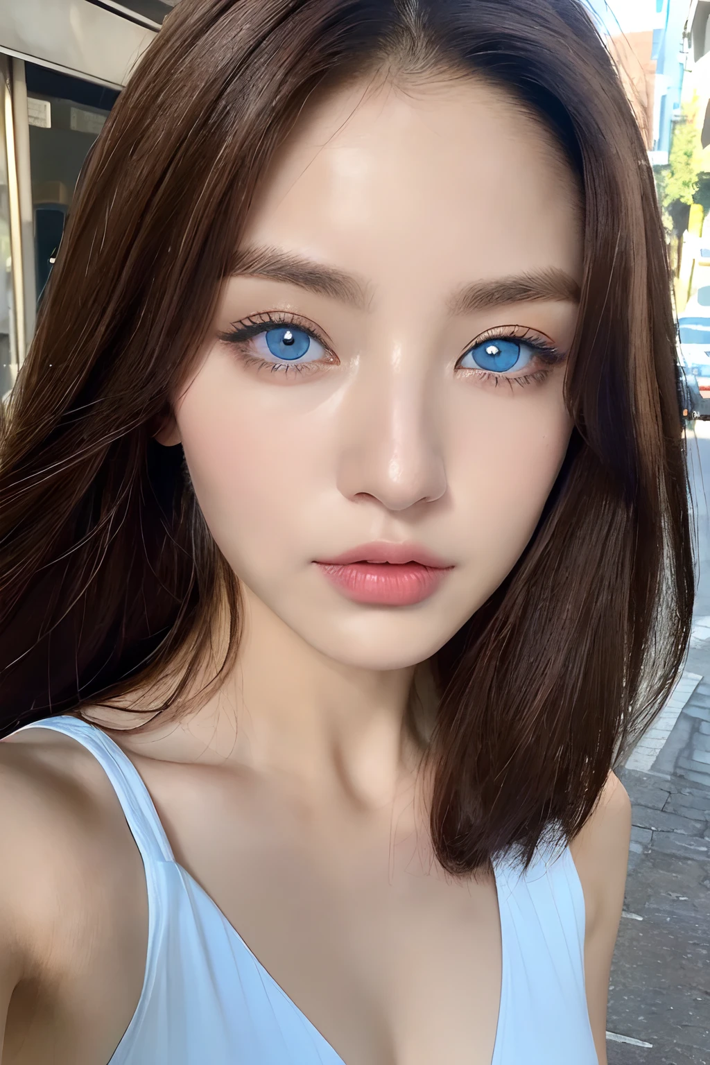 (Italian woman、Beauty in perfect style:1.4、Slender Abs:1.2、((dark brown hair、Blue Eye、爆乳:1.2))、(natural soft light、City Street:1.1)、Face and skin texture、Eye for detail、二重まぶた