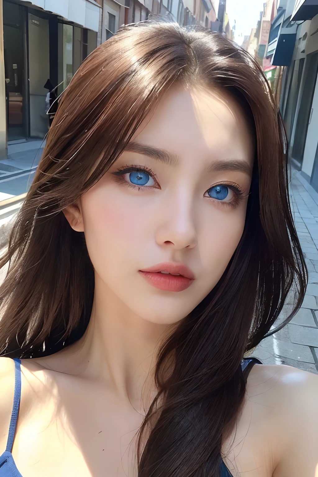 (Italian woman、Beauty in perfect style:1.4、Slender Abs:1.2、((dark brown hair、Blue Eye、爆乳:1.2))、(natural soft light、City Street:1.1)、Face and skin texture、Eye for detail、二重まぶた