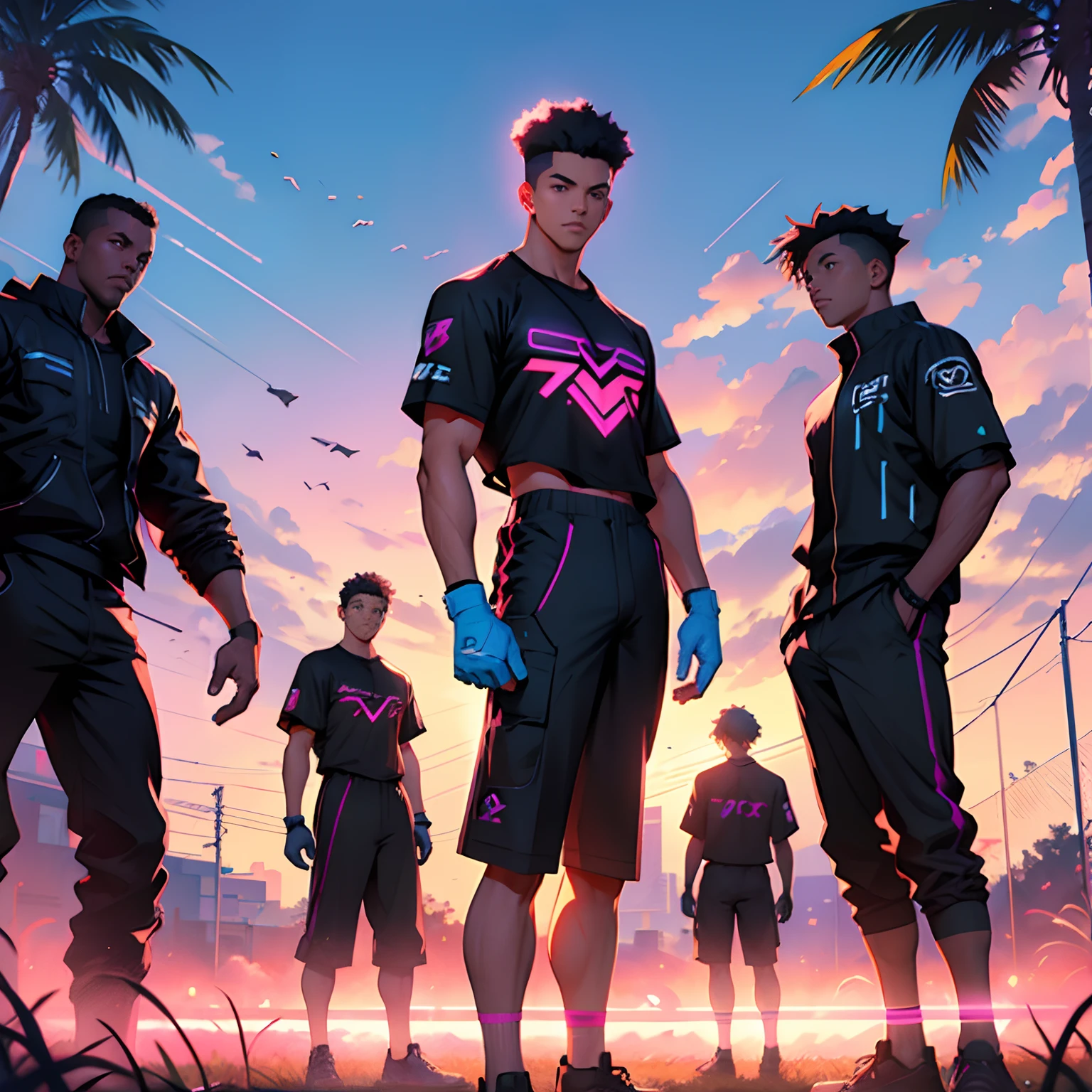 Neon digital art of a field zone where 4 black boys play ball. Estilo Synthwave, fim de tarde no por do sol.