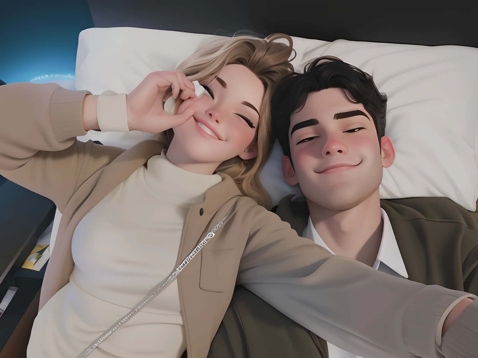 Estilo cartoon, um casal deitado em uma cama juntos, felizes, a mulher tem cabelo ruivo cacheado.