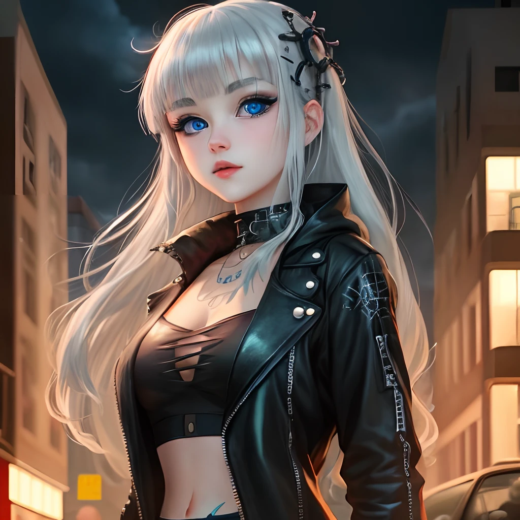 An anime girl with blue eyes, silver hair with black on part of her bangs and a goth cyberpunk outfit