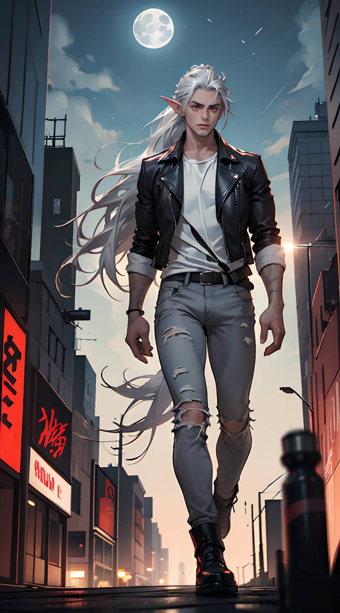 Handsome man, ((gray stubble :1.1)) , red eyes , elf ears , extremely long hair , ((silver hair)) , hair in a ponytail, lean , muscular ,((male:2 )), age 41,
Walking , cinematic, movie quality,
Night time , full moon , moody lighting, in a city , depth of field,
Wearing a white shirt , brown leather jacket, blue jeans