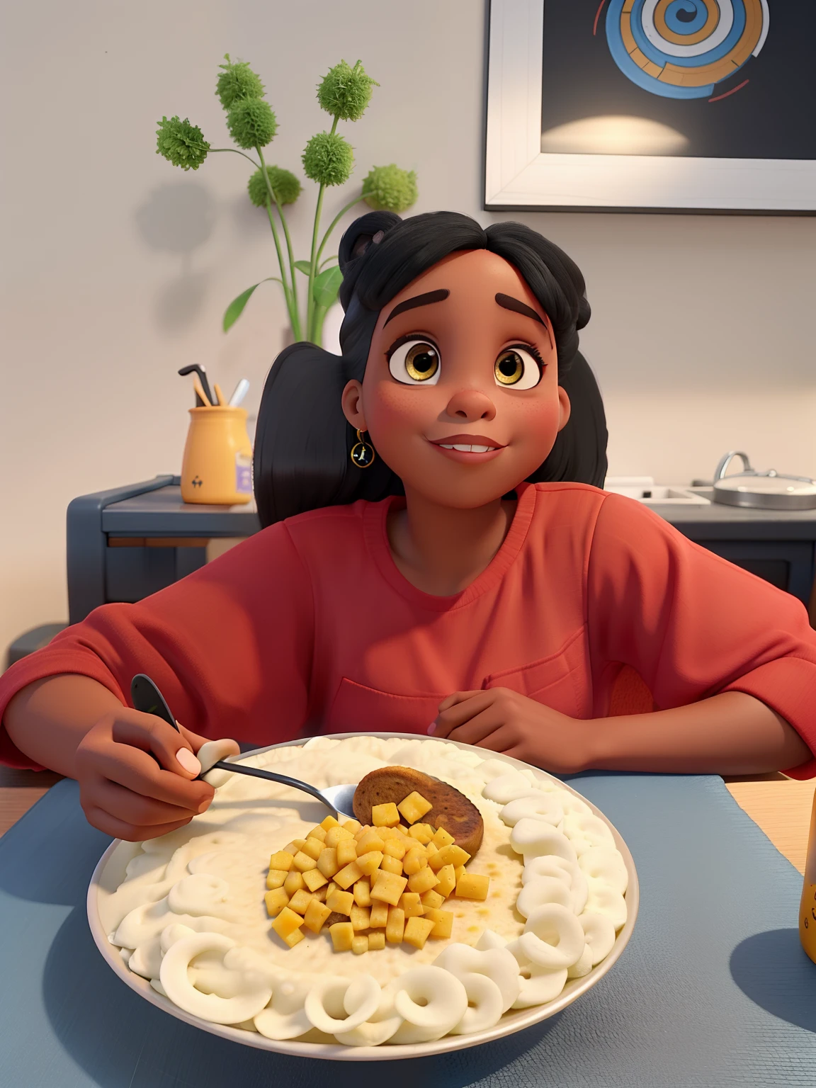 Menina negra a comer um prato de esparguete Disney Pixar alta qualidade muita qualidade