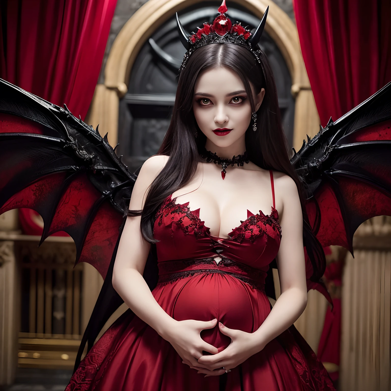 ((A very beautiful demon queen,pregnant,Slightly bulging belly,Giant Devil Tiara,Big Princess Dresses,Final form as a complete demon,The Devil's Masterpiece,Huge and intricate demon wings,Very elaborate textured wings,Wings with a very complex texture,Creature wings with a very realistic texture,The most dignified wings,The most intricate and luxurious gothic dresses,The most luxurious princess dresses in achievements,The most beautiful princesses in the world,The most beautiful demons,The cutest face,Intricate and solemn black dress,The background is a complex and detailed castle exterior, Majestic and beautiful devil,The most majestic appearance of the Demon Queen,Huge Queen Tiara,The most complex depictions of demons,Precise reproduction of perfect devilish details,The appearance of an unimaginably gorgeous demon,The unimaginably huge and beautiful appearance of the demon,Complex medieval European castle in the background,The perfect castle,Against the backdrop of the sunset and the castle,Castle dyed in the sunset,Fantastic sunset,Romantic sunset,spectacular movie lighting,Sparkling sunset)),((Most beautiful face,Half Japan and half Spanish,The happiest smile,Beautiful wavy hair,The most luxurious and intricate dresses,The biggest smile staring at the camera)),(eyes glowing red,Glowing red eyes,Glowing red eyes)),Chest that seems to burst,A dress that tightens the waist,Slimed,Colossal tits,Emphasize body lines,Giant wings of the devil,The background is the exterior of a castle of flames,masutepiece,8K,very intricate,ultra-detailliert
