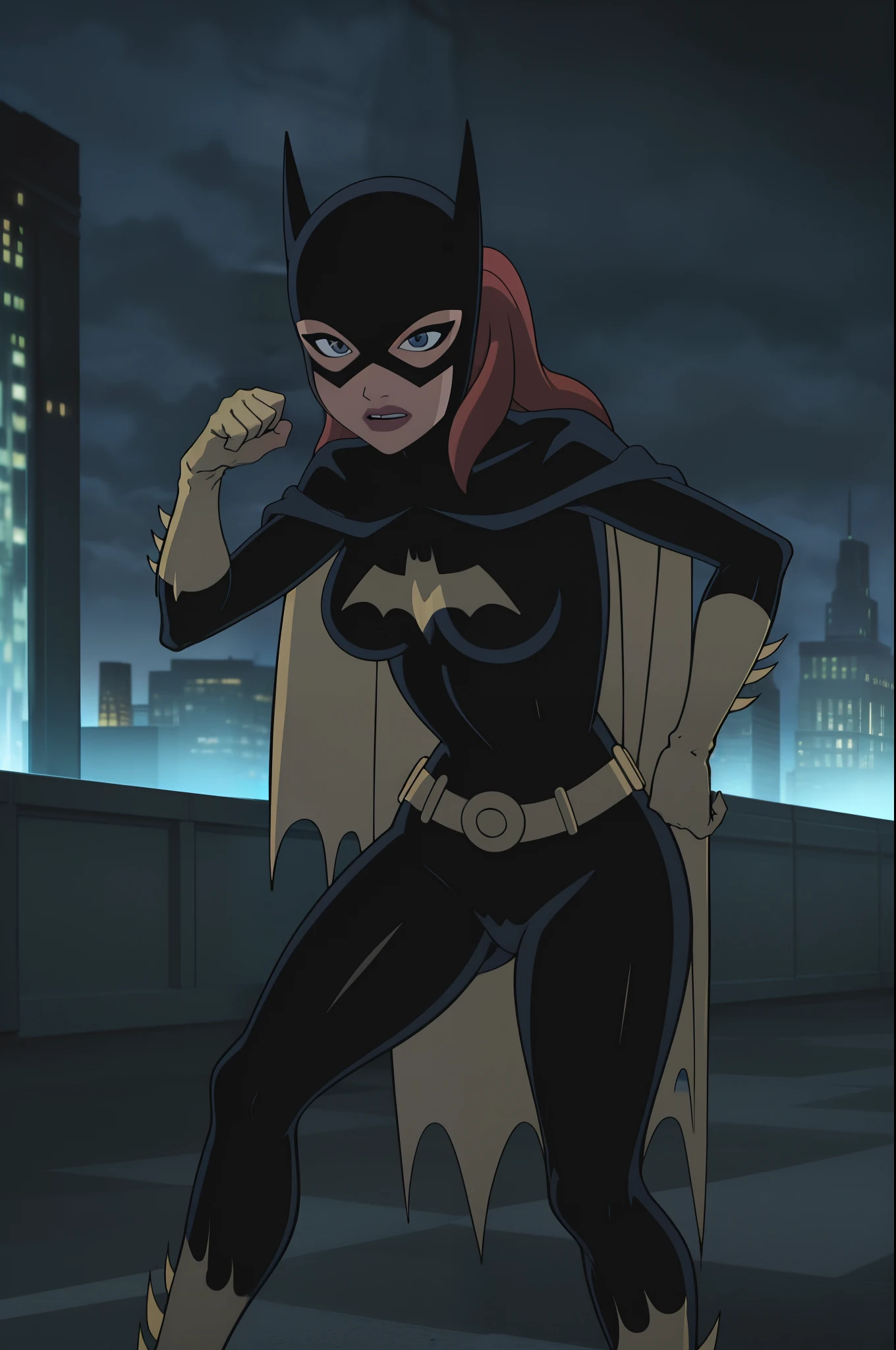 Buscar, Batgirlfit, cabelos muito longos, cabelos ruivos, cabelo entre os olhos, rabo de cavalo alto, Fechaduras laterais, Olhos azuis, Batgirl roupas brilhantes, impossible bodysuit, Pele apertada, bodysuit, Olhando para o Viewer sorrindo, (pernas musculosas:1.3), (heroic pose). ((SHE'S FIGHTING ON THE STREETS OF Gotham City)))