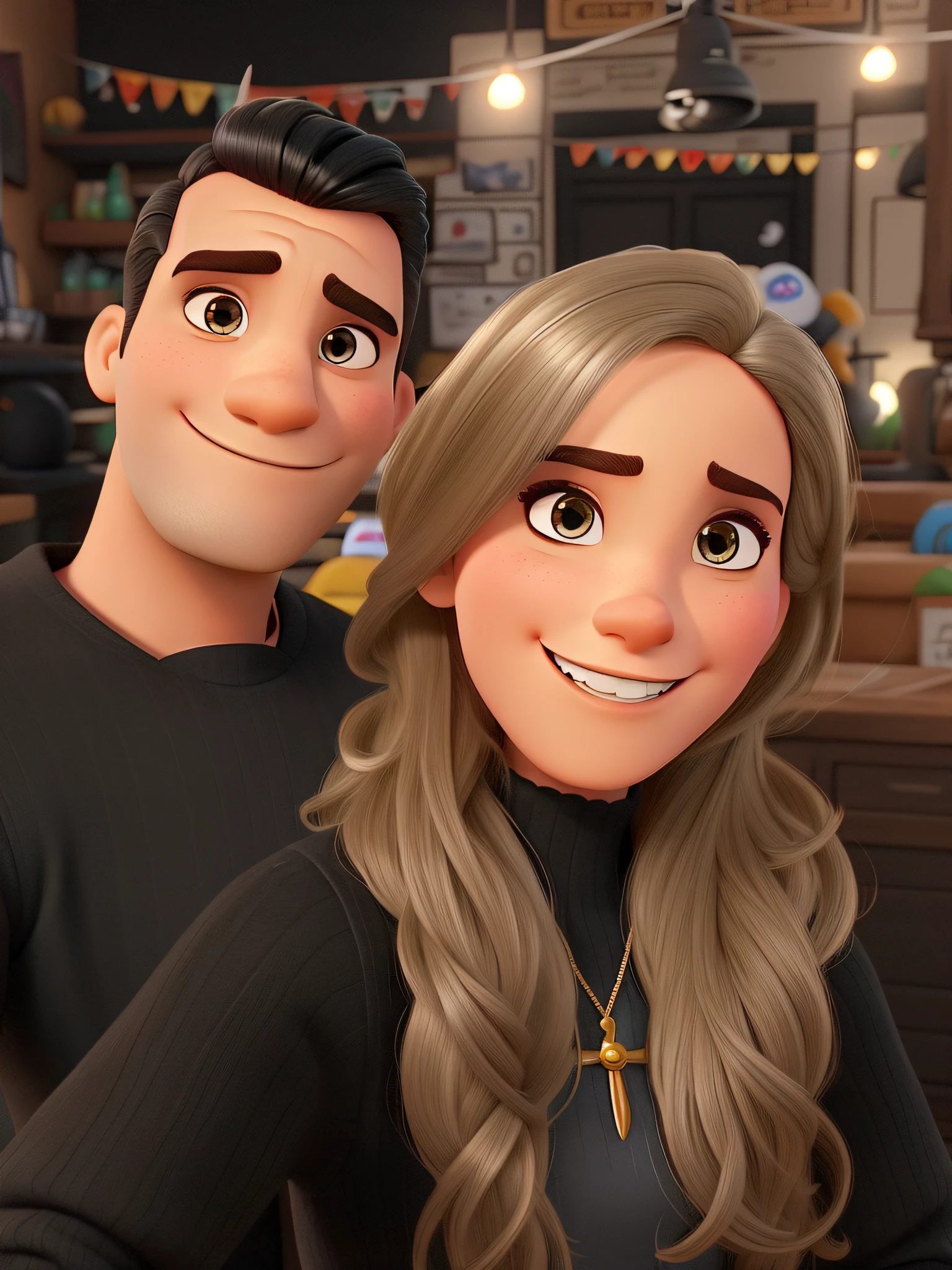 Lado esquerdo Um homem estilo disney pixar, branco, cabelo preto. Do lado direto mulher loira. alta qualidade, melhor qualidade