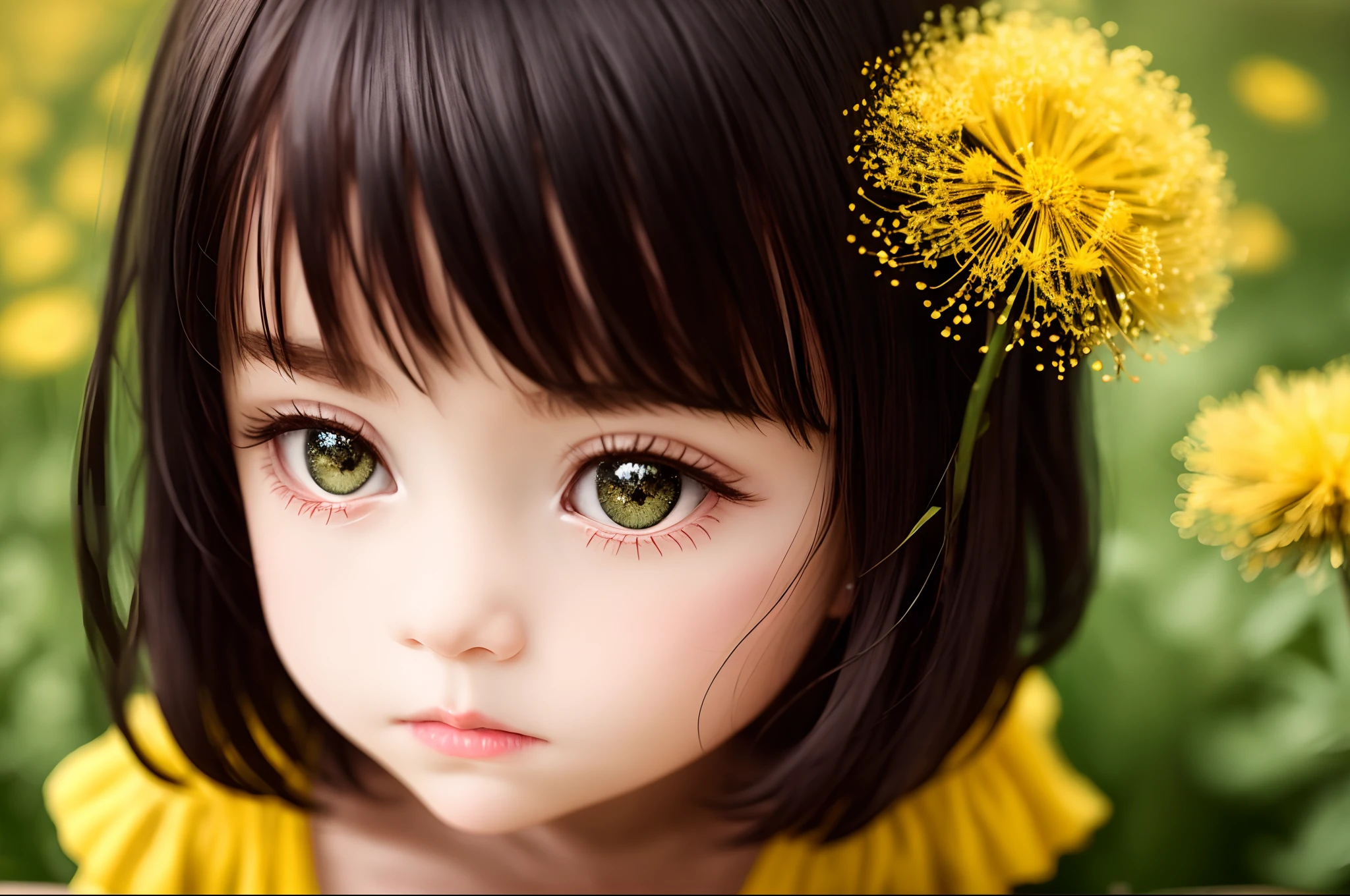 Glass style of
shabby chic,
Surrealism,
fairy tale illustration,
cute black-haired girl, big eyes, full body has a cute yellow dress with flowers on it, sitting on the bench, serious face
close-up,
perfect facial features,
expression
dandilion,
daintily,
sensitive,
complex,
complicated,
perfect double exposure,
Transparency,
glittering,
Jelly,
Mysterious
