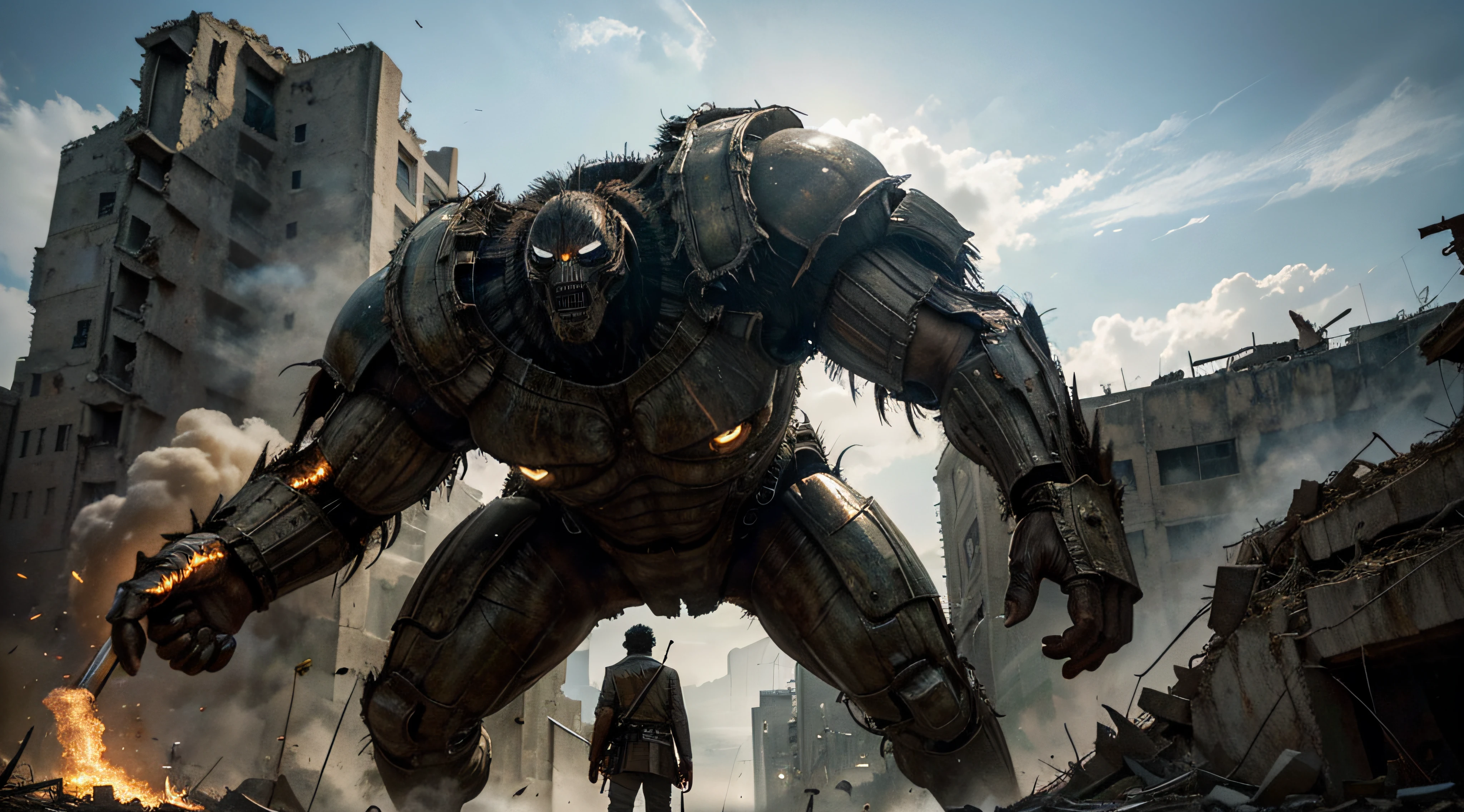 Attack of the Titans in the shape of arachnids against humans. high-quality masterpiece. colossal destruction, intense action, emotional encounters, human battles, epic battles, military uniforms, flying cables, ruined buildings, giant walls, fear and bravery, determination, titans that cause fear, smoke and debris, intense expressions, danger, fear of the unknown, humanity’s last hope.