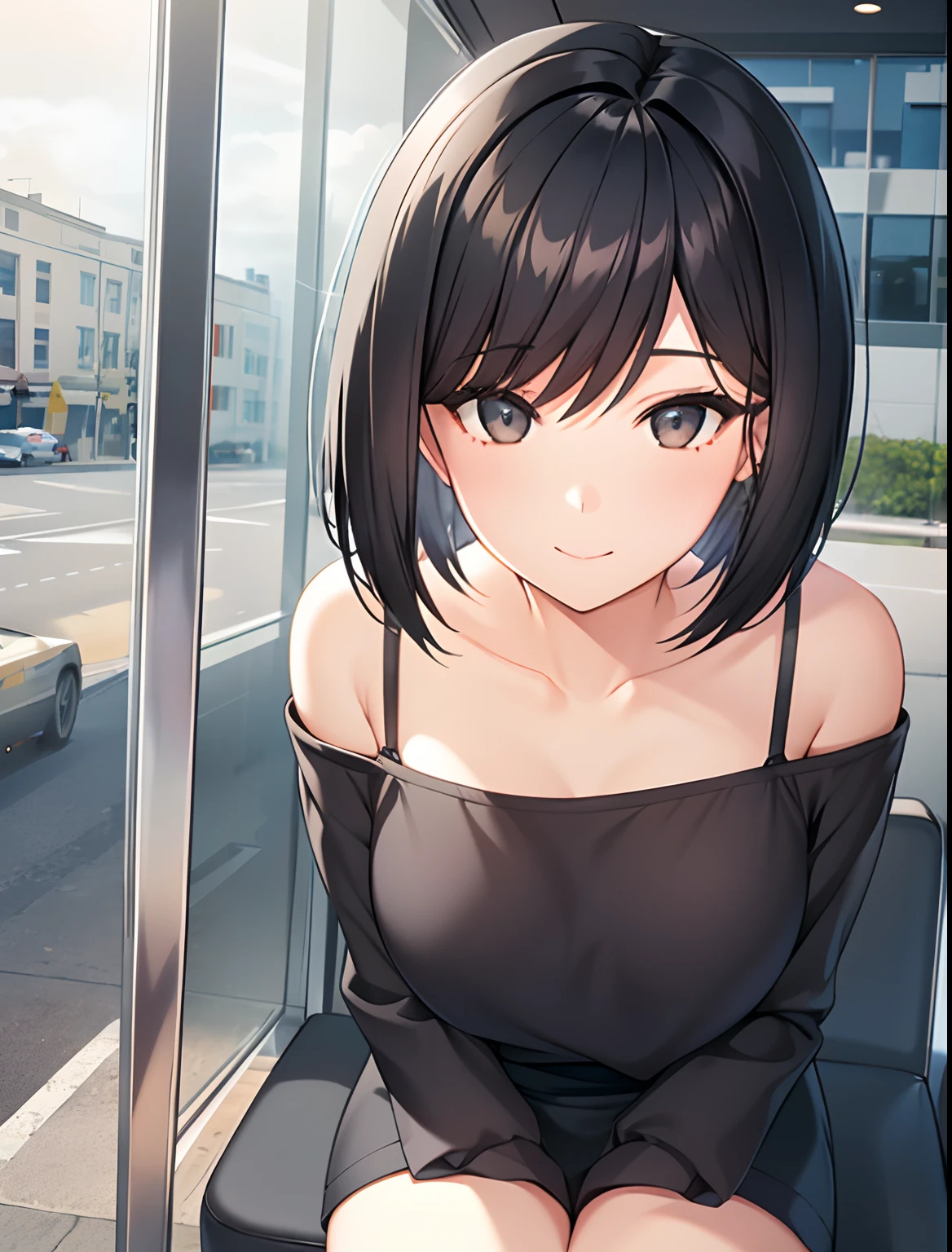 1girl, solo, short hair, bangs, black eyes, black hair, light smile, 
grey sweater, collarbone, bare shoulders, bare arms, bare legs, 
sitting, shop, storefront, window, display, display case, disposable cup,  table, chair, cafe, 
wind, hair flowing over, floating hair, outdoors,