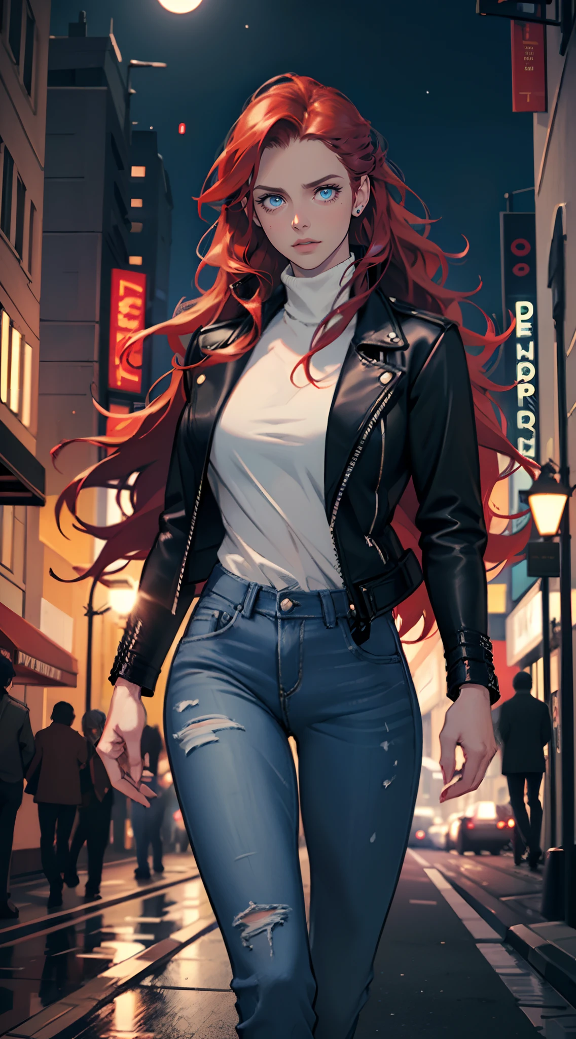 A beautiful mature woman , red hair ,  long hair , wavy hair , blue eyes  eyes ,  age 40,

Walking , cinematic, movie quality, 

Night time , full moon , moody lighting, in a city , depth of field, 

Wearing a white turtleneck , black leather jacket, jeans