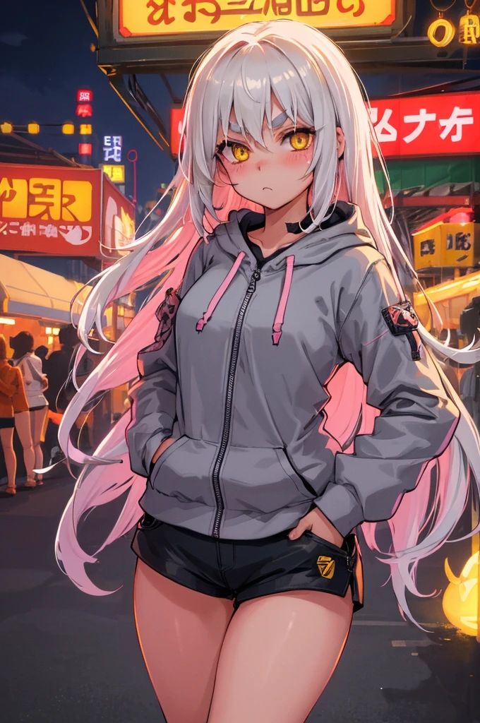 Original Character, Volumetric Lighting, Best Shadows, Shallow Depth of Field, Portrait Of Stunningly Beautiful Girl, Petite, Delicate Beautiful Attractive Face With Alluring Yellow Eyes, Sharp Eyebrows, Expressionless, Blowing Bubble-Gum, Lovely Small Breasts, Layered Long Grey Streaks Hair, Blush Eyeshadow, Thick Eyelashes, Zipper hoodie Jacket, Wide Sleeve, Short Shorts, Hands In Pocket, Standing On Near Crowded Food Street In Night City, Neon Light Signboards, Food Court Outdoor, String Lights, (Highest Quality, Amazing Details:1.25), (Solo:1.3), Brilliant Colorful Paintings