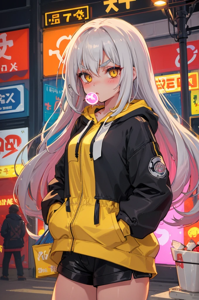 Original Character, Volumetric Lighting, Best Shadows, Shallow Depth of Field, Portrait Of Stunningly Beautiful Girl, Petite, Delicate Beautiful Attractive Face With Alluring Yellow Eyes, Sharp Eyebrows, Expressionless, Blowing Bubble-Gum, Lovely Small Breasts, Layered Long Grey Streaks Hair, Blush Eyeshadow, Thick Eyelashes, Zipper hoodie Jacket, Wide Sleeve, Short Shorts, Hands In Pocket, Standing On Near Crowded Food Street In Night City, Neon Light Signboards, Food Court Outdoor, String Lights, (Highest Quality, Amazing Details:1.25), (Solo:1.3), Brilliant Colorful Paintings